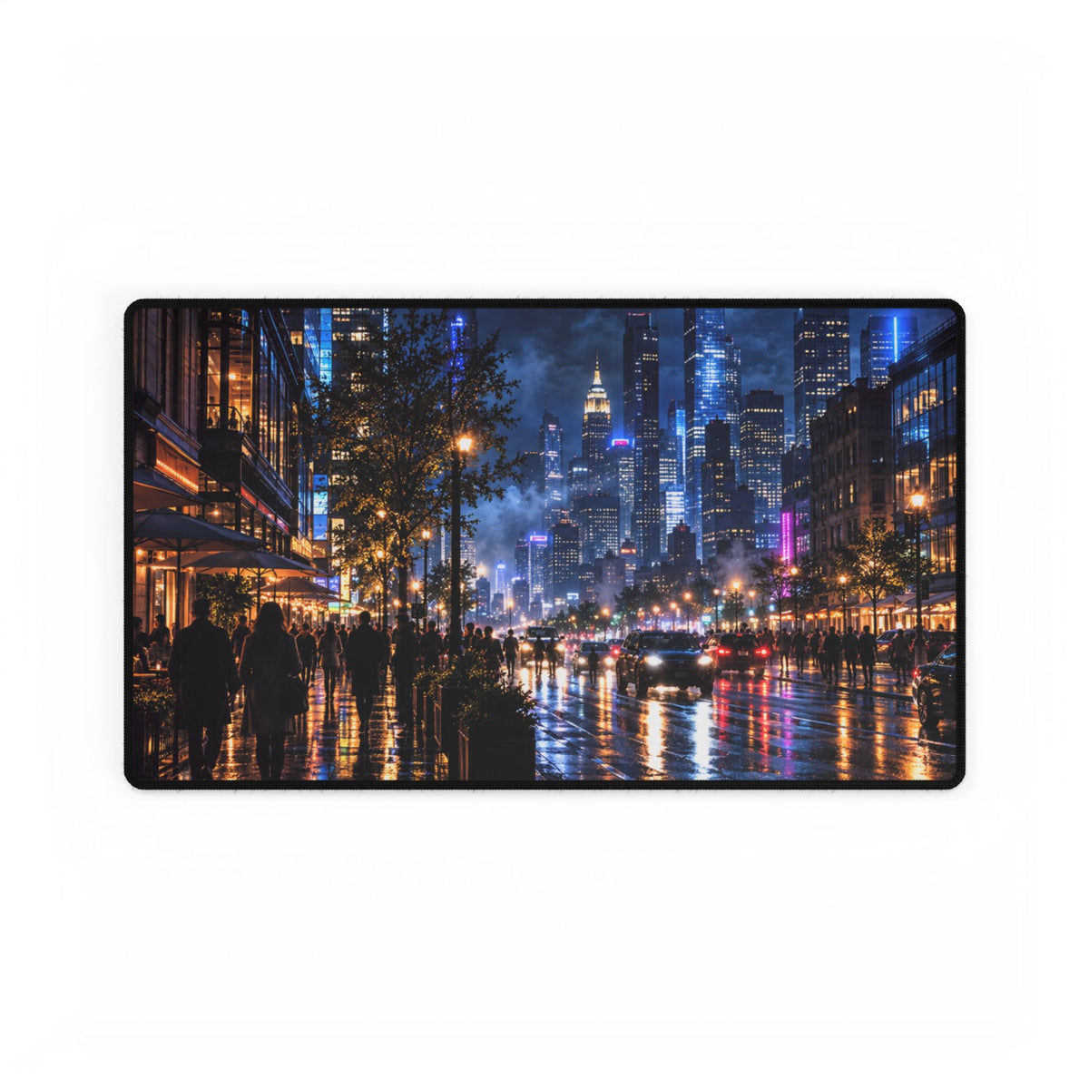 City Nightscape Desk Mat — Rainy Neon Skyline Large Mousepad