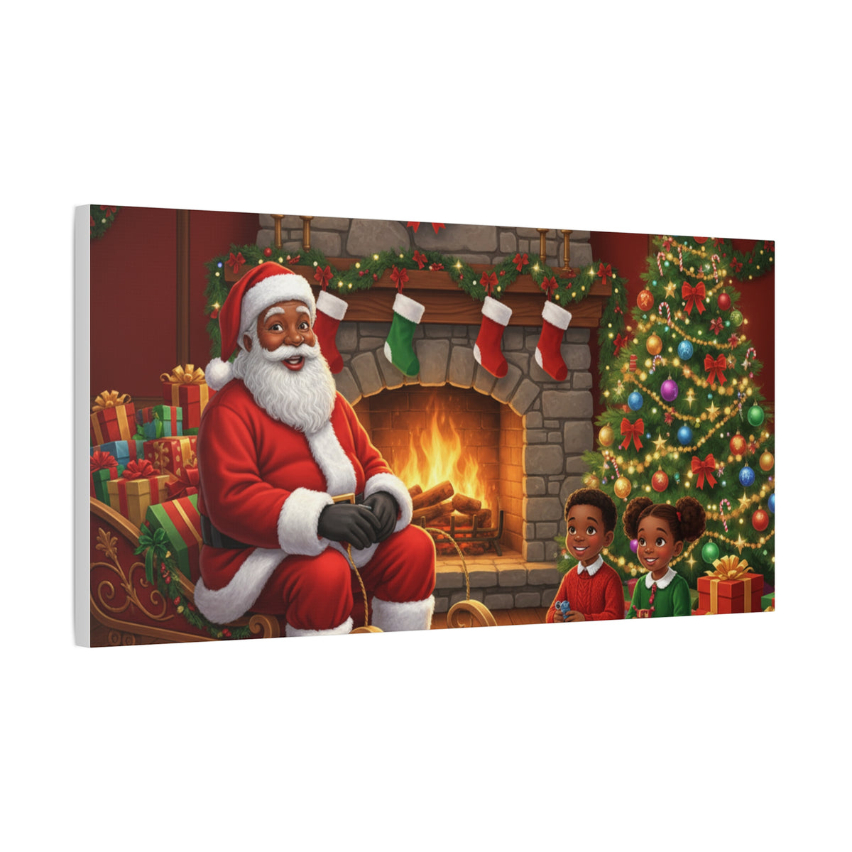 Christmas Santa Visit Canvas — Kids by the Fireplace Holiday Wall Art