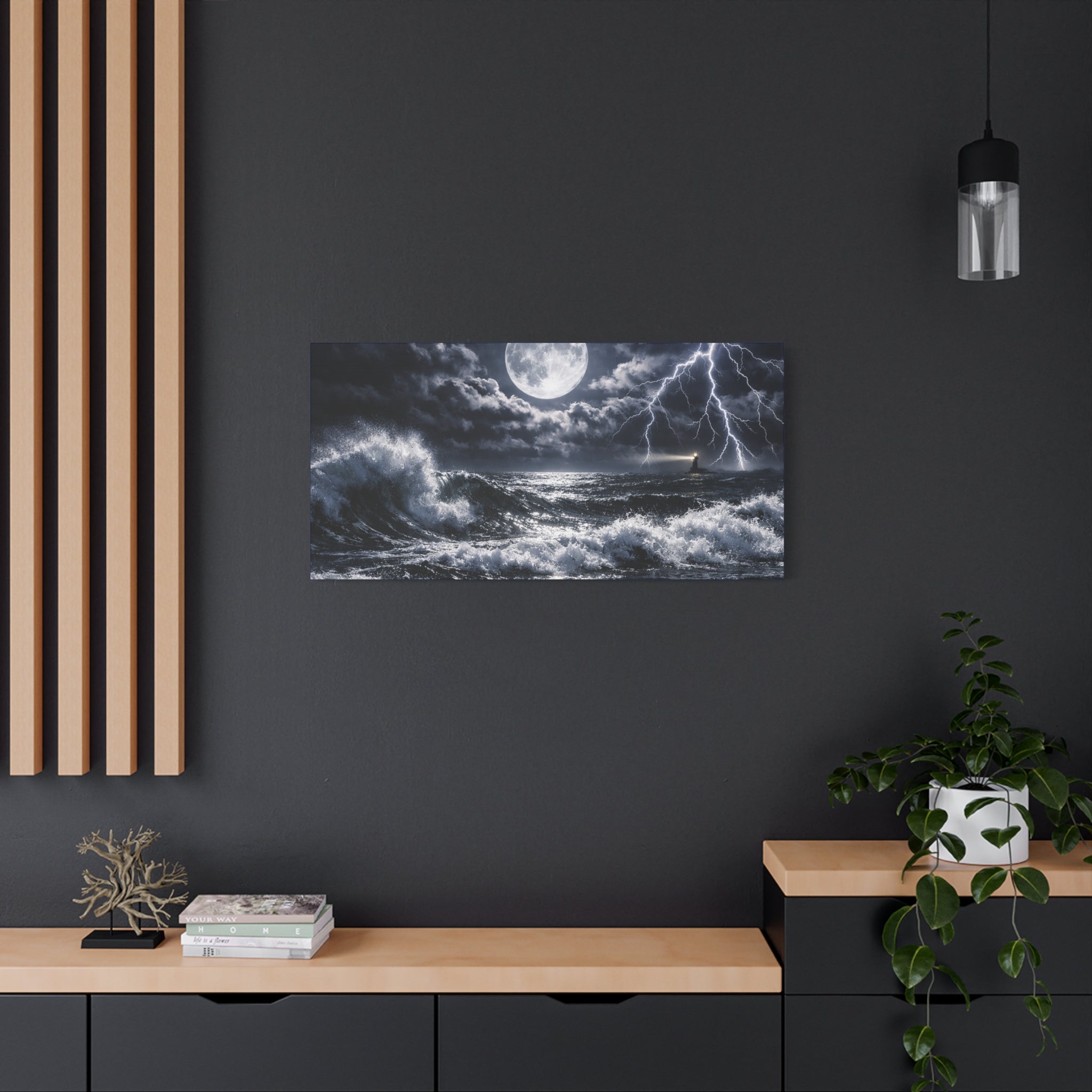 Stormy Moonlit Ocean Canvas Print — Dramatic Lighthouse Wall Art