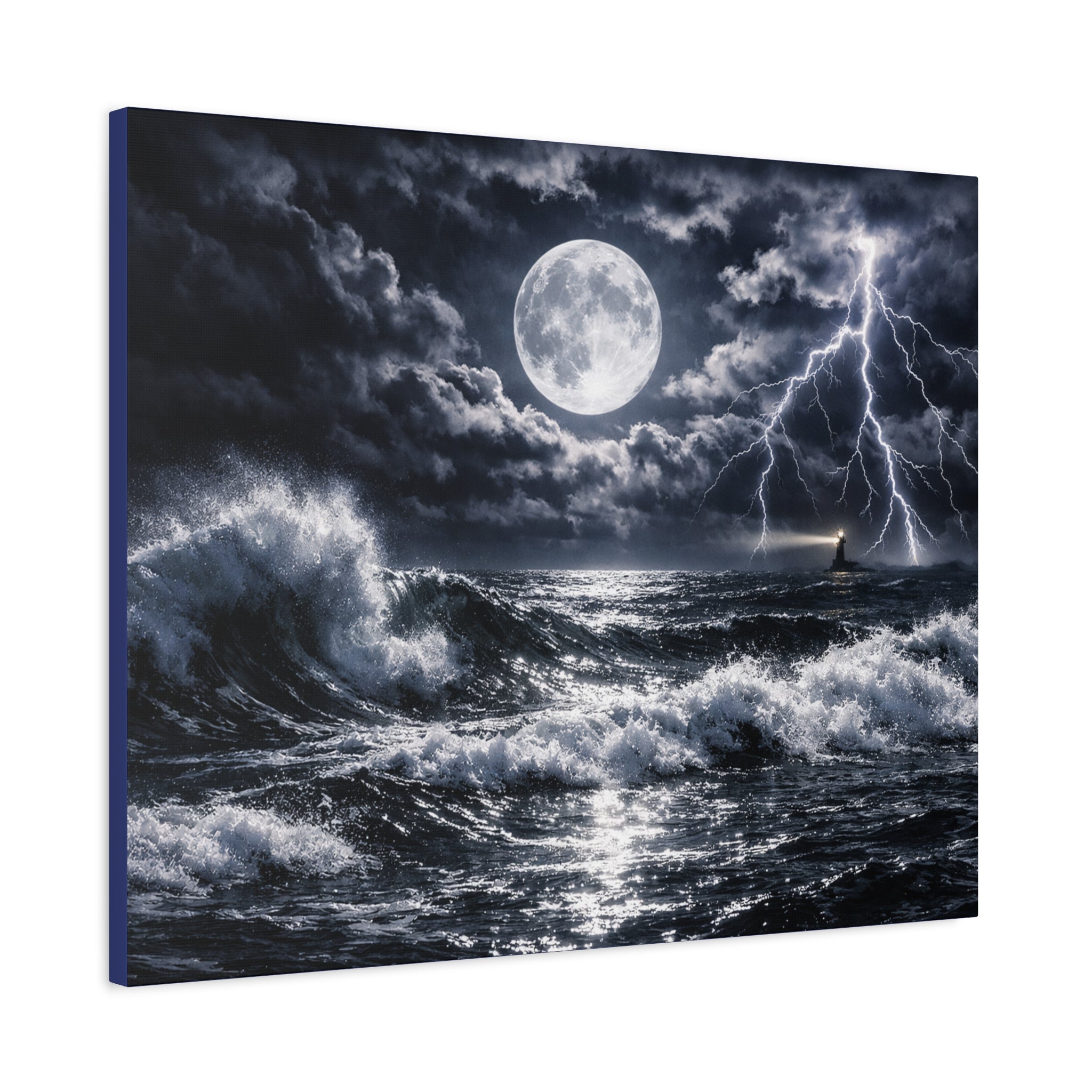 Stormy Moonlit Ocean Canvas Print — Dramatic Lighthouse Wall Art