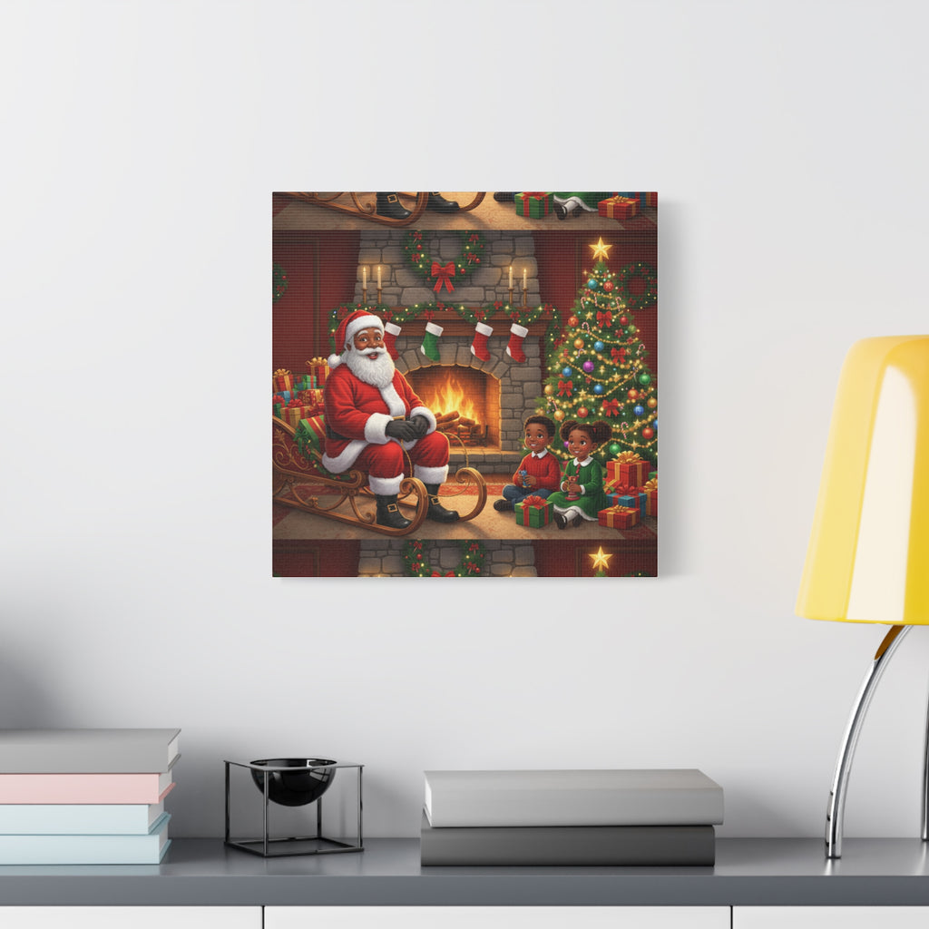 Christmas Santa Visit Canvas — Kids by the Fireplace Holiday Wall Art