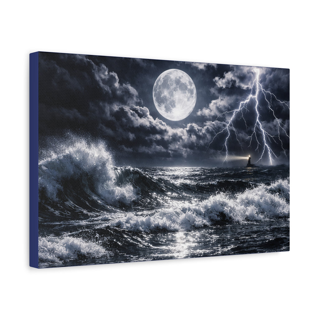 Stormy Moonlit Ocean Canvas Print — Dramatic Lighthouse Wall Art