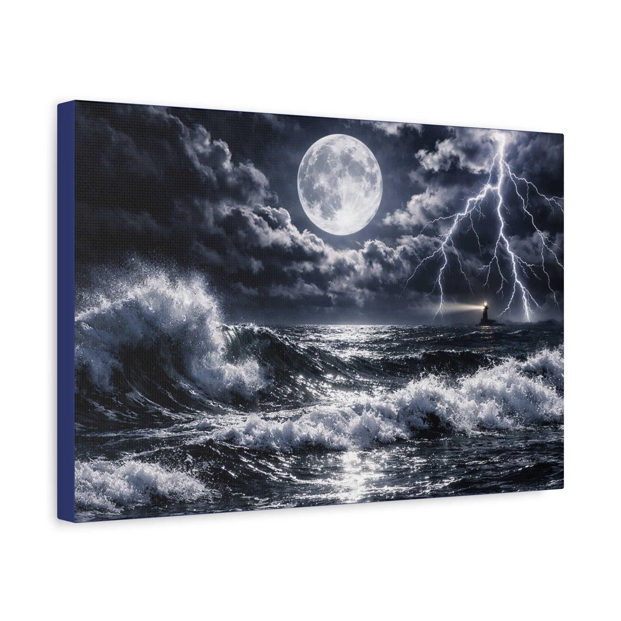 Stormy Moonlit Ocean Canvas Print — Dramatic Lighthouse Wall Art