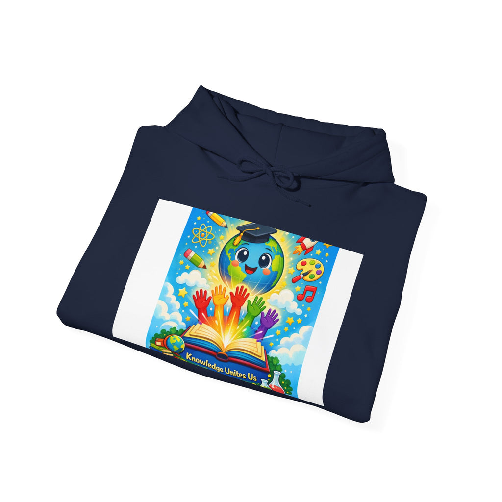 Hoodie — Colorful Earth & Peace Cartoon Graphic "Knowledge Before Power"