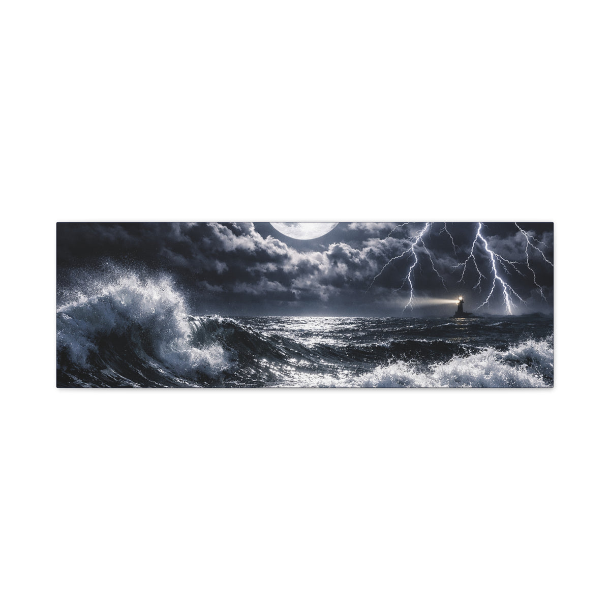 Stormy Moonlit Ocean Canvas Print — Dramatic Lighthouse Wall Art