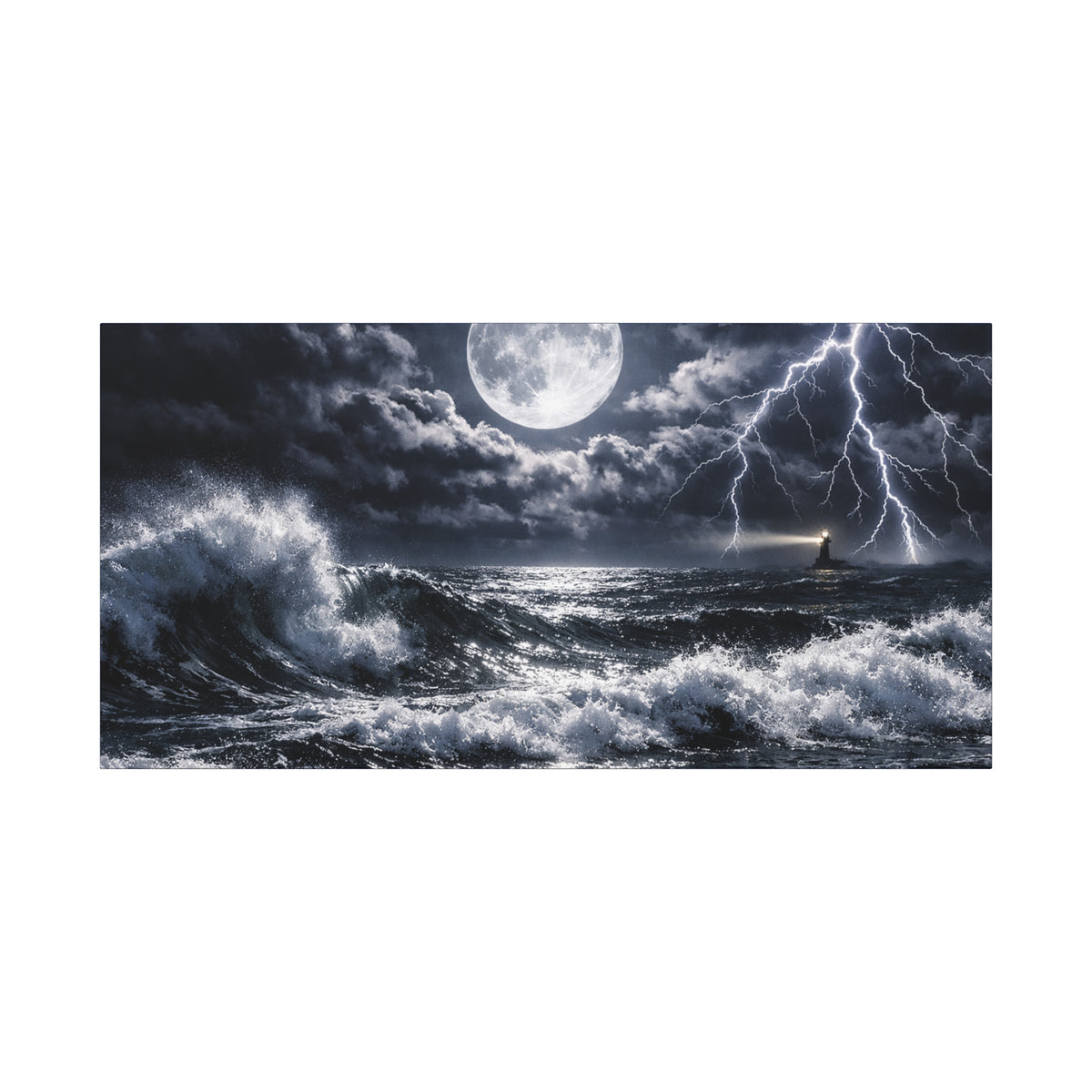 Stormy Moonlit Ocean Canvas Print — Dramatic Lighthouse Wall Art
