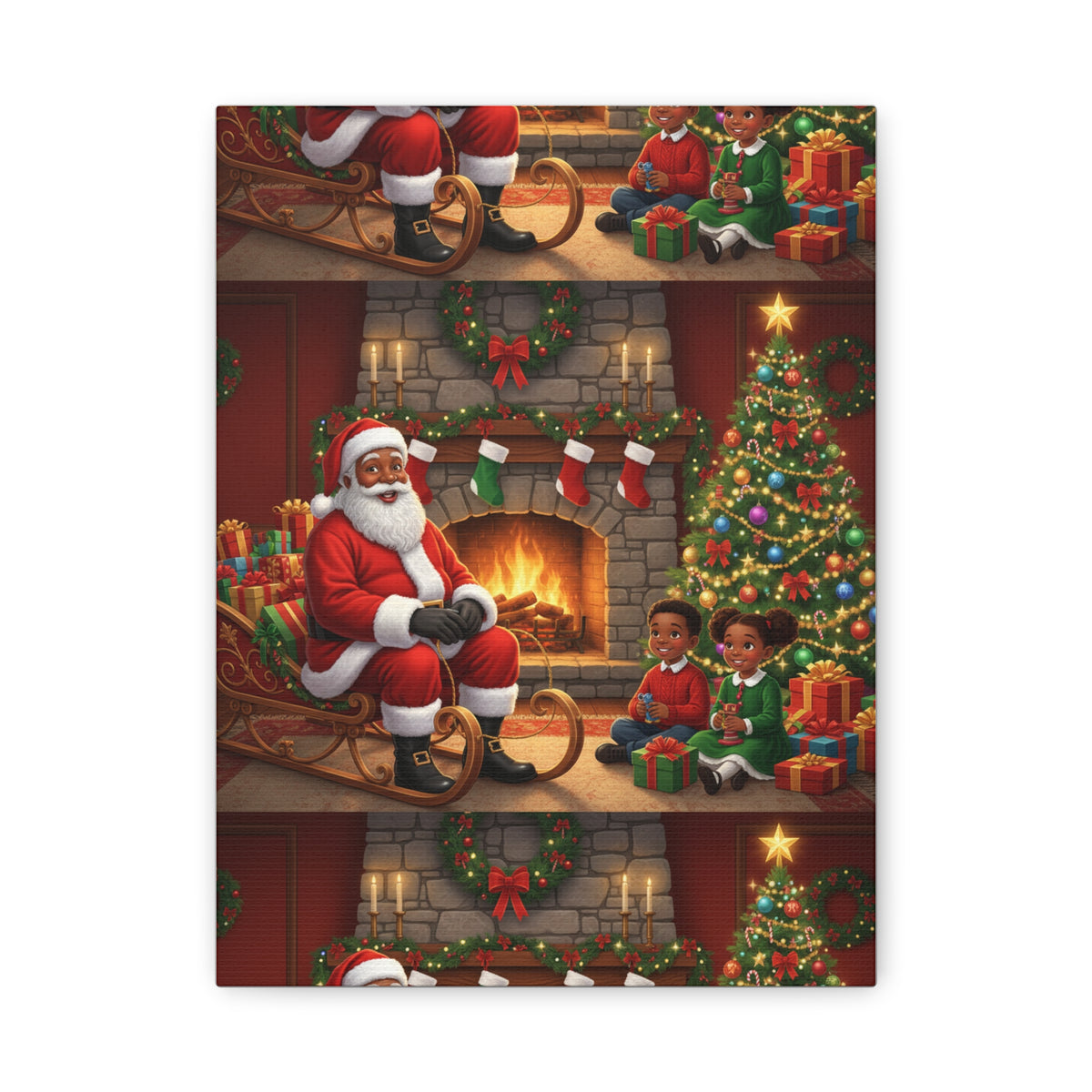 Christmas Santa Visit Canvas — Kids by the Fireplace Holiday Wall Art