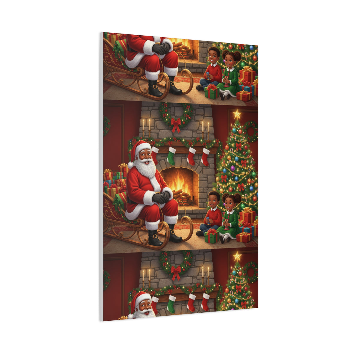 Christmas Santa Visit Canvas — Kids by the Fireplace Holiday Wall Art