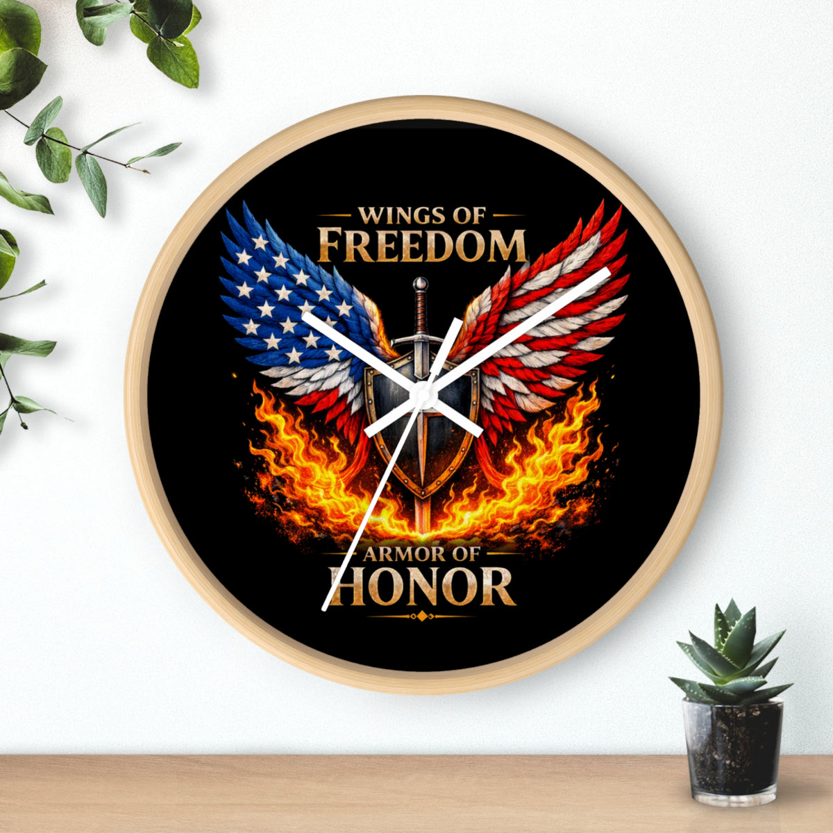 Wall Clock — Wings of Freedom Armor of Honor Patriotic American Eagle Flame Clock