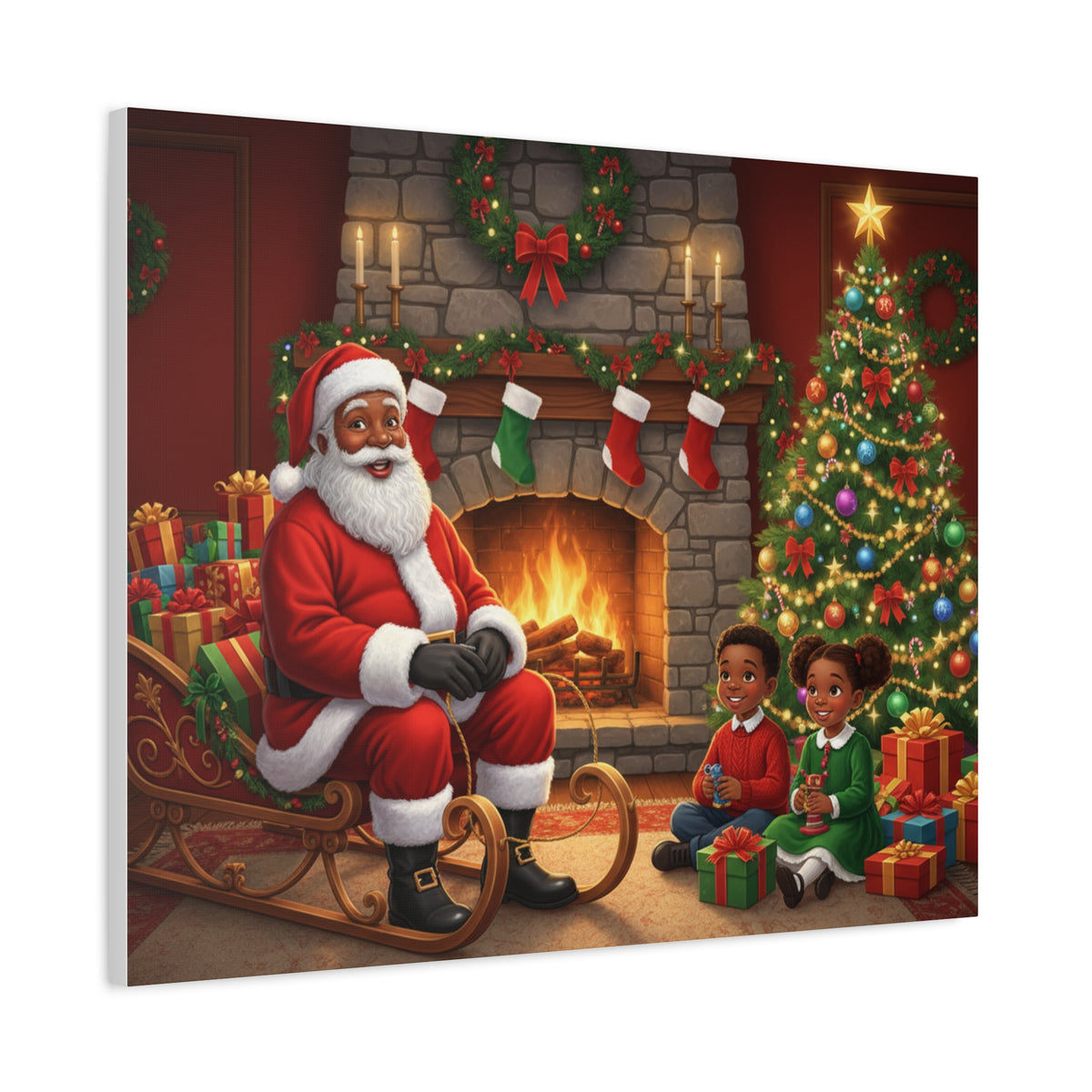 Christmas Santa Visit Canvas — Kids by the Fireplace Holiday Wall Art