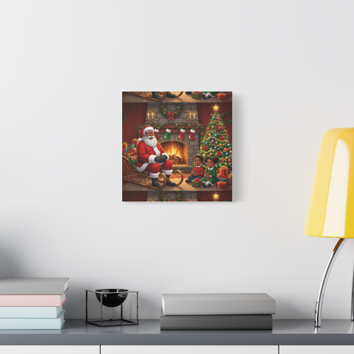 Christmas Santa Visit Canvas — Kids by the Fireplace Holiday Wall Art