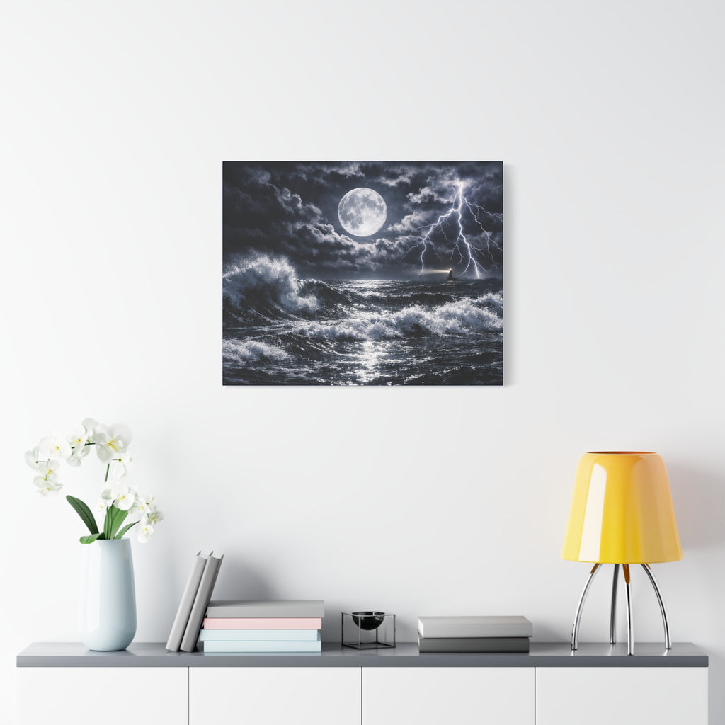 Stormy Moonlit Ocean Canvas Print — Dramatic Lighthouse Wall Art
