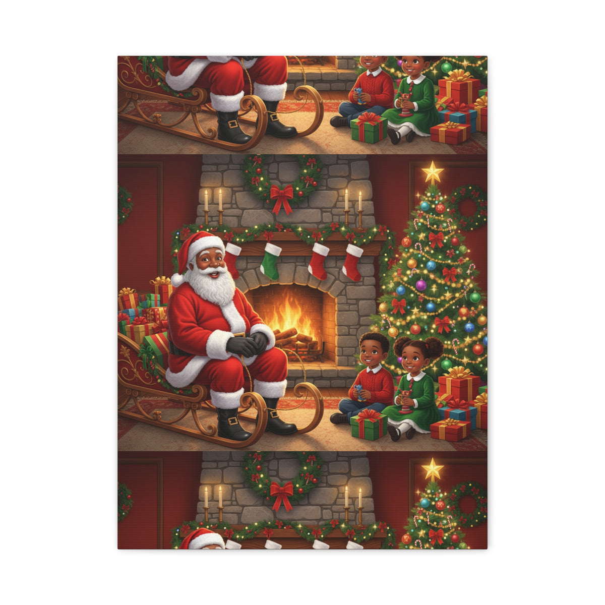 Christmas Santa Visit Canvas — Kids by the Fireplace Holiday Wall Art