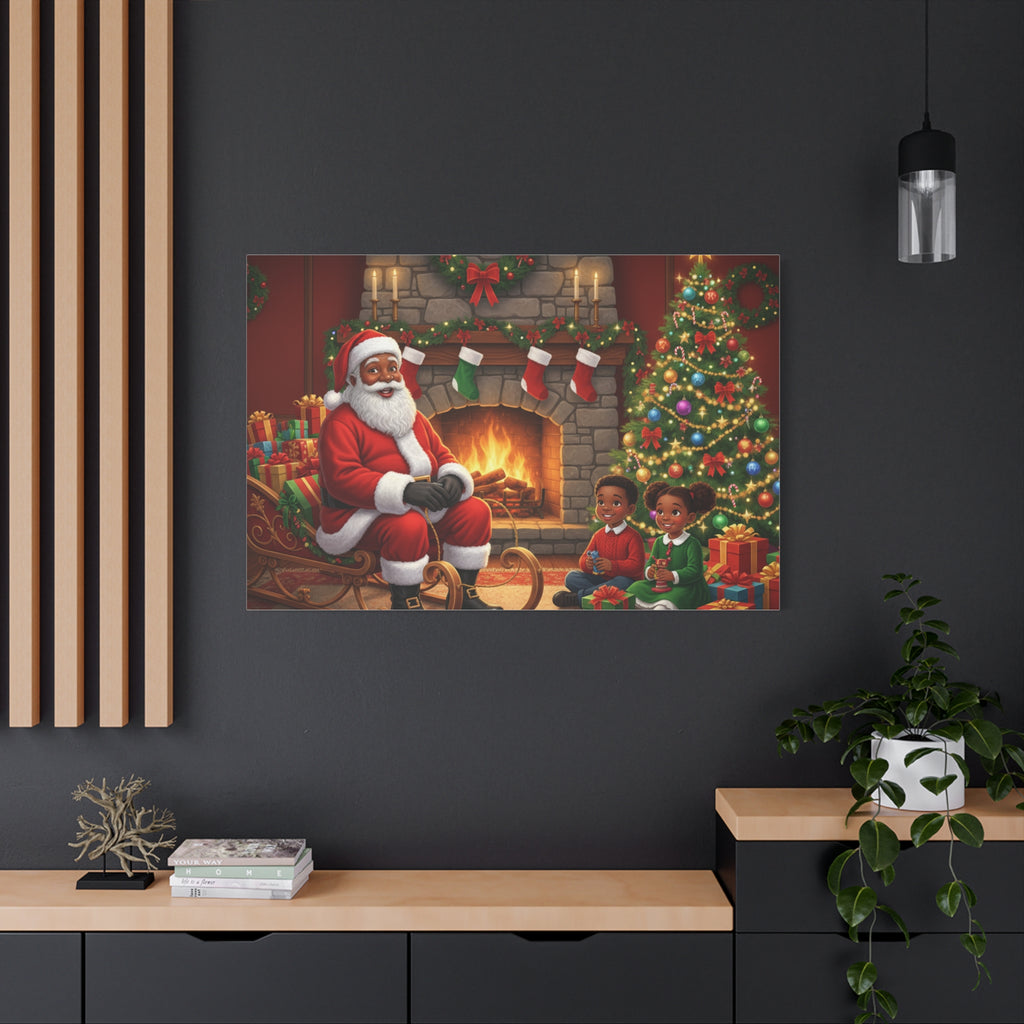 Christmas Santa Visit Canvas — Kids by the Fireplace Holiday Wall Art