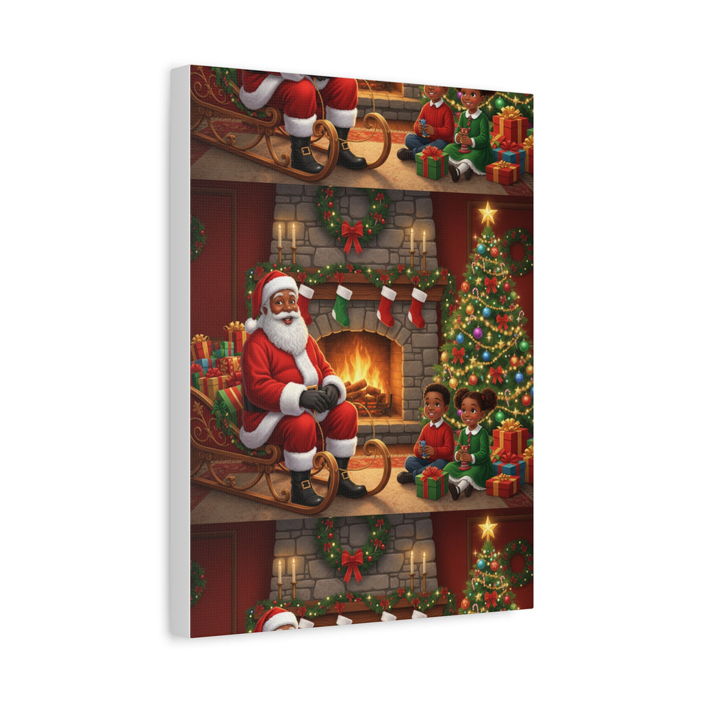 Christmas Santa Visit Canvas — Kids by the Fireplace Holiday Wall Art