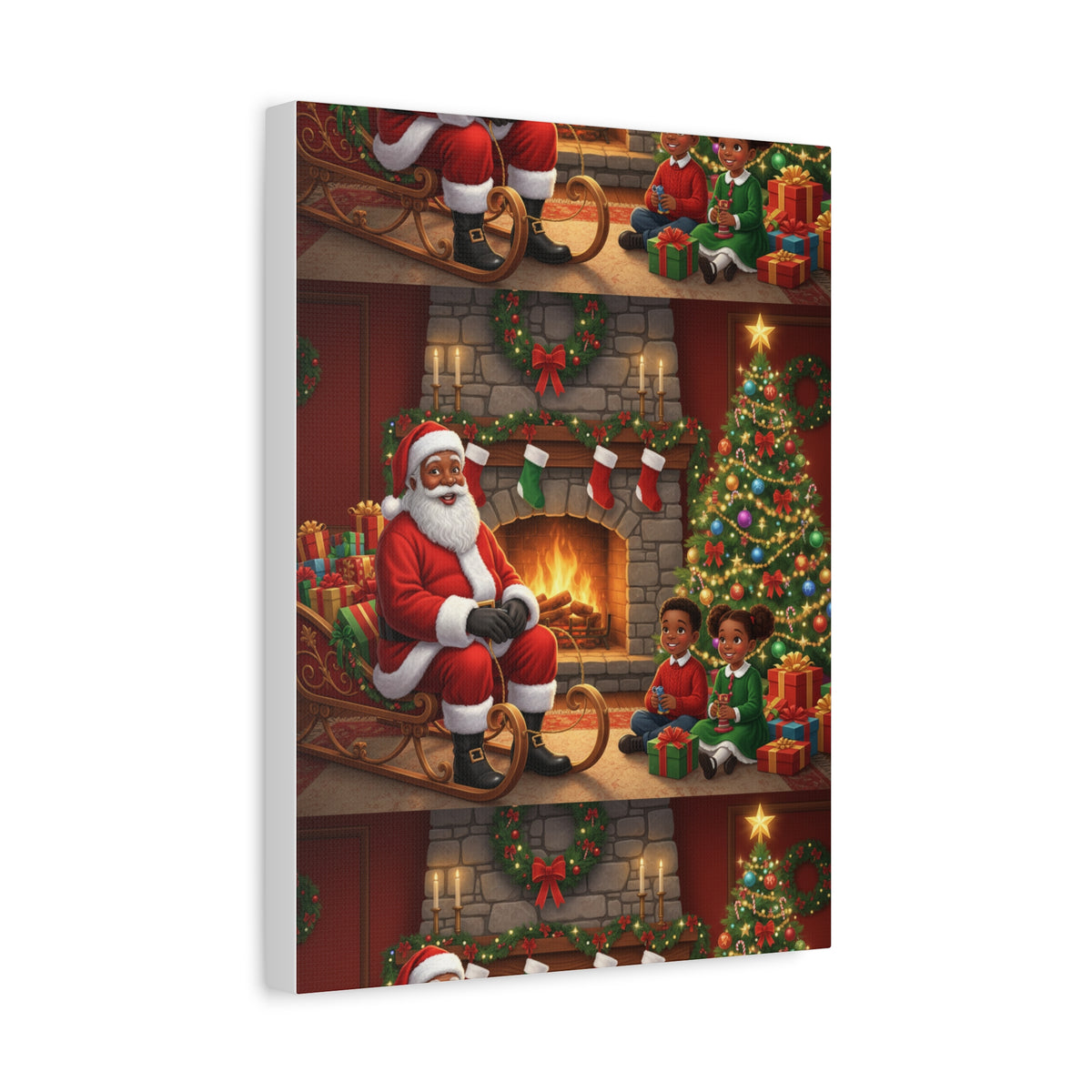Christmas Santa Visit Canvas — Kids by the Fireplace Holiday Wall Art