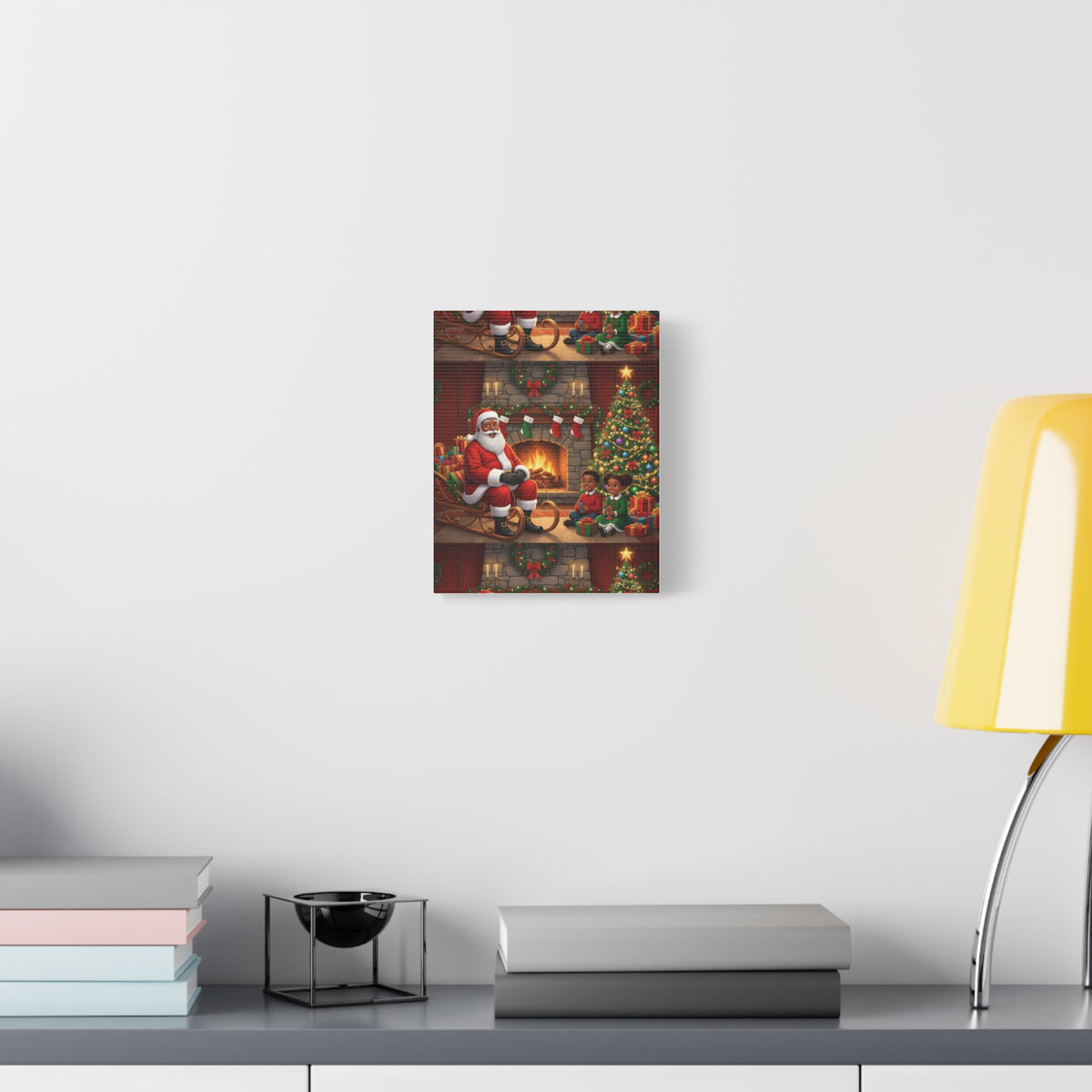 Christmas Santa Visit Canvas — Kids by the Fireplace Holiday Wall Art