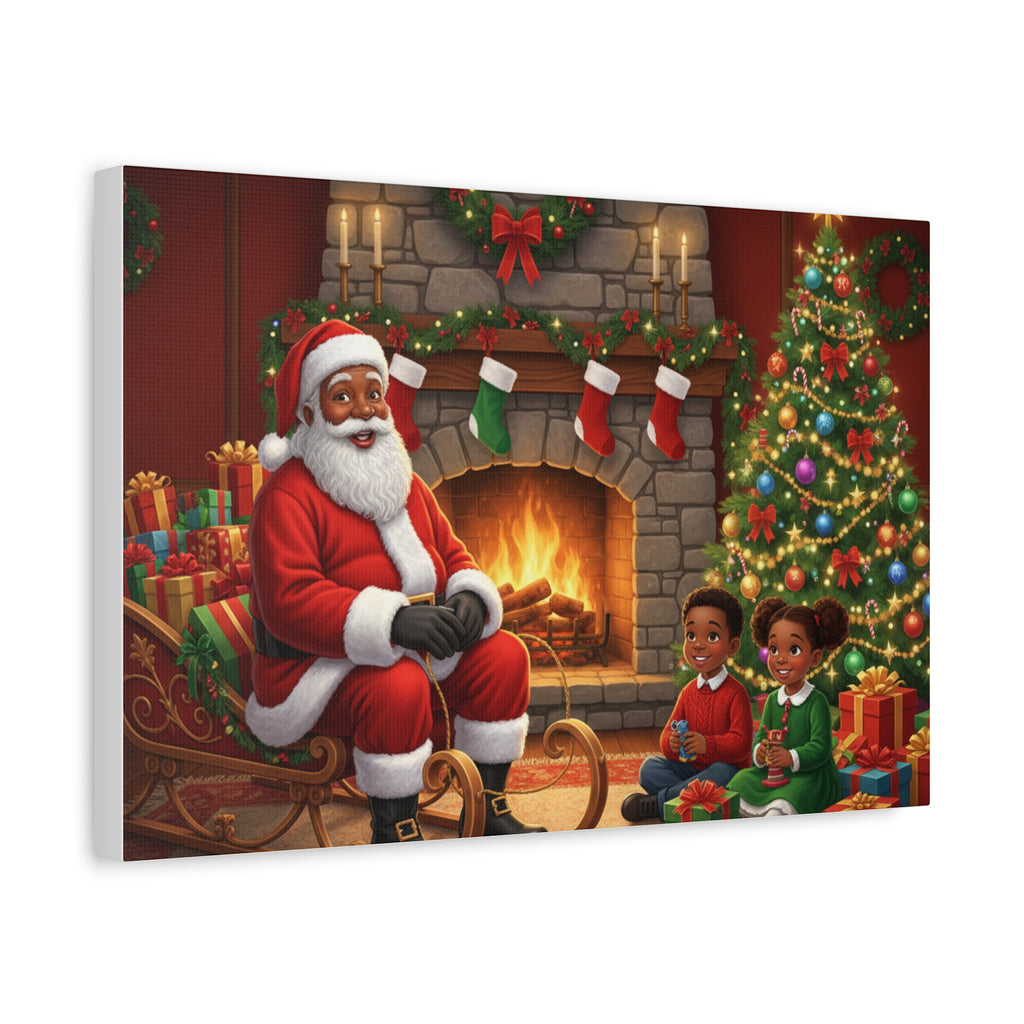 Christmas Santa Visit Canvas — Kids by the Fireplace Holiday Wall Art