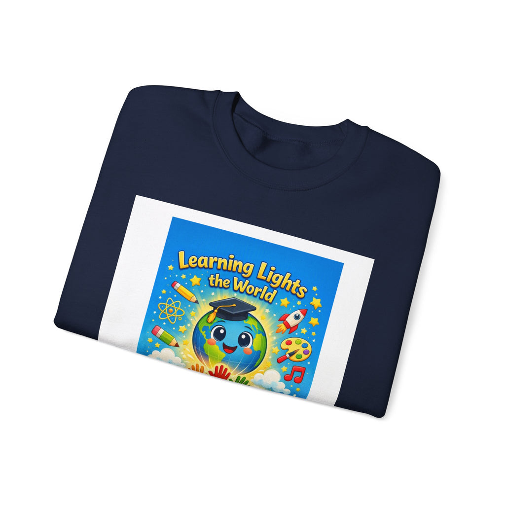 Crewneck Sweatshirt — "Learning Lights the World" Cute Graduation Earth Character Kids Educator Gift