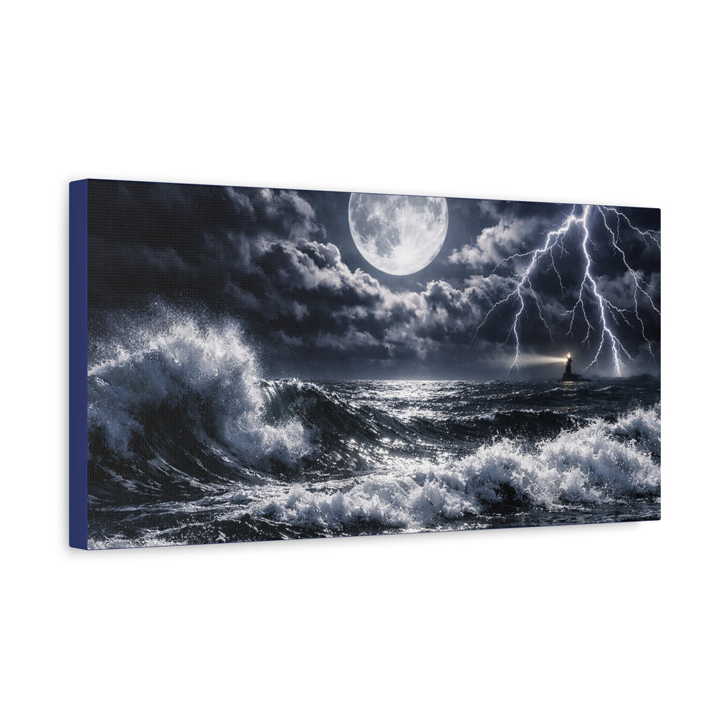 Stormy Moonlit Ocean Canvas Print — Dramatic Lighthouse Wall Art
