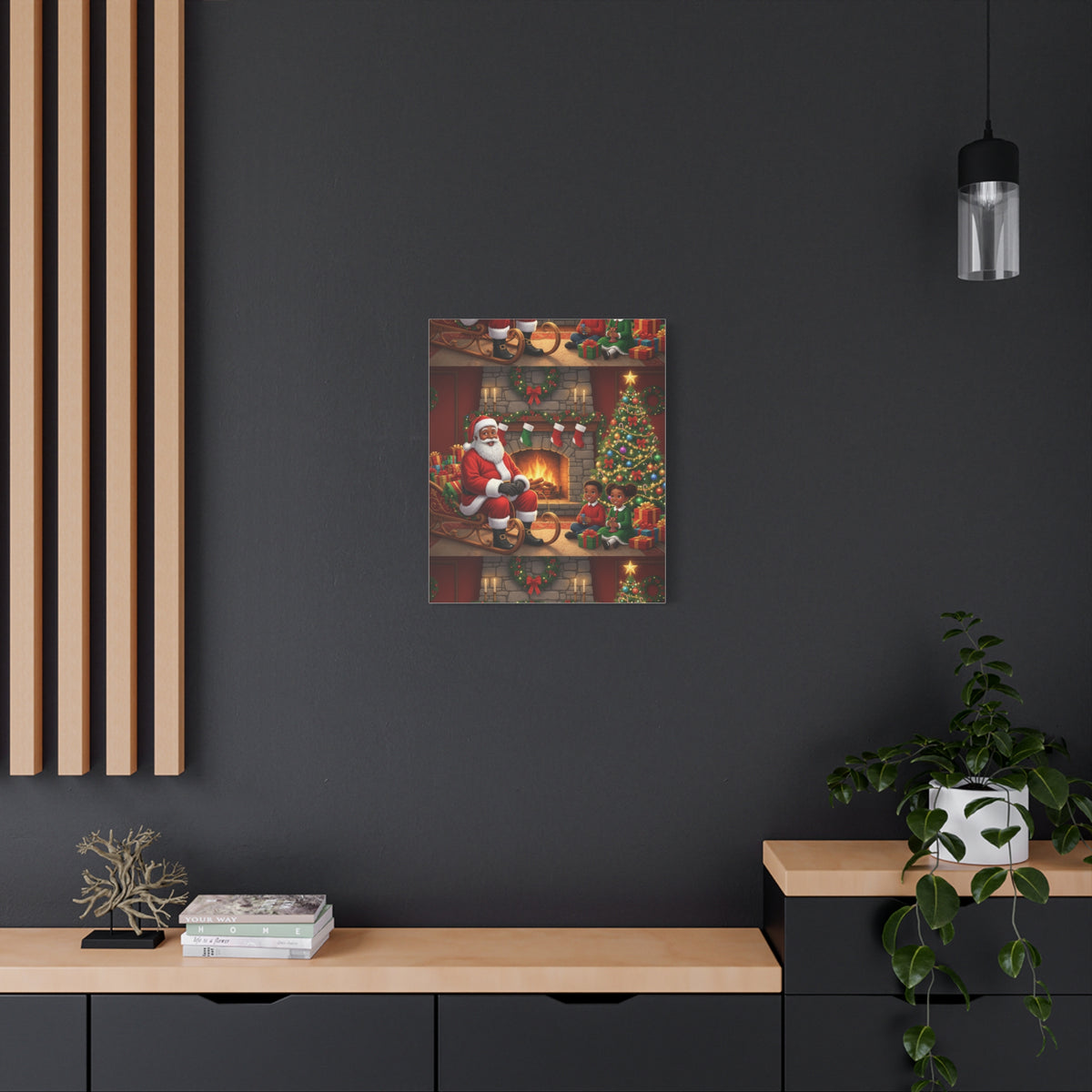 Christmas Santa Visit Canvas — Kids by the Fireplace Holiday Wall Art