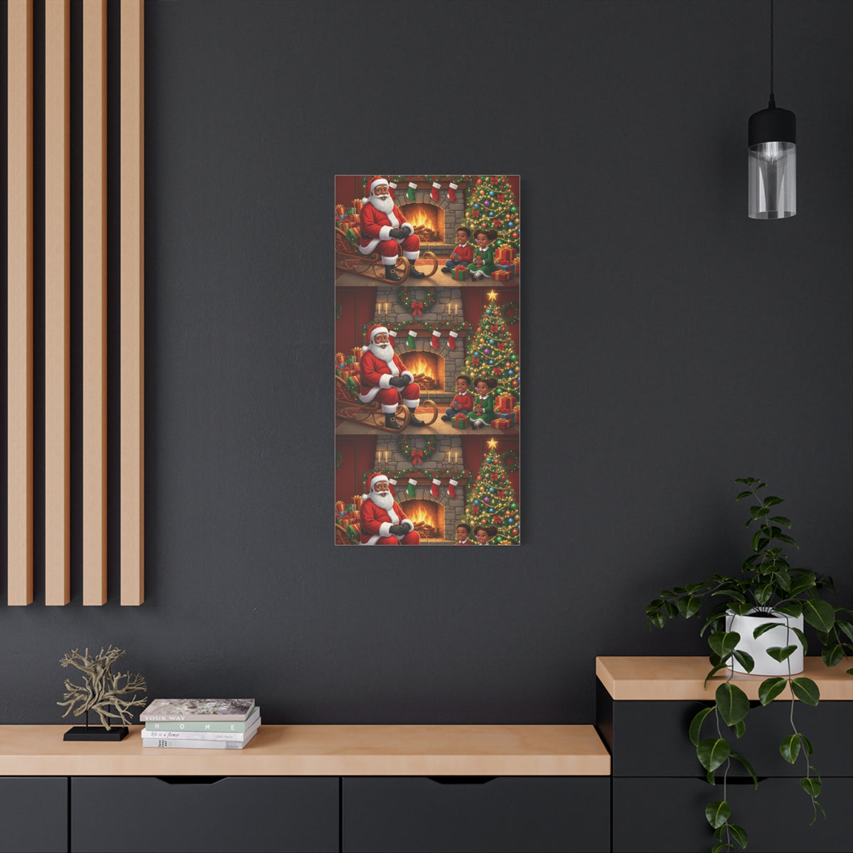 Christmas Santa Visit Canvas — Kids by the Fireplace Holiday Wall Art