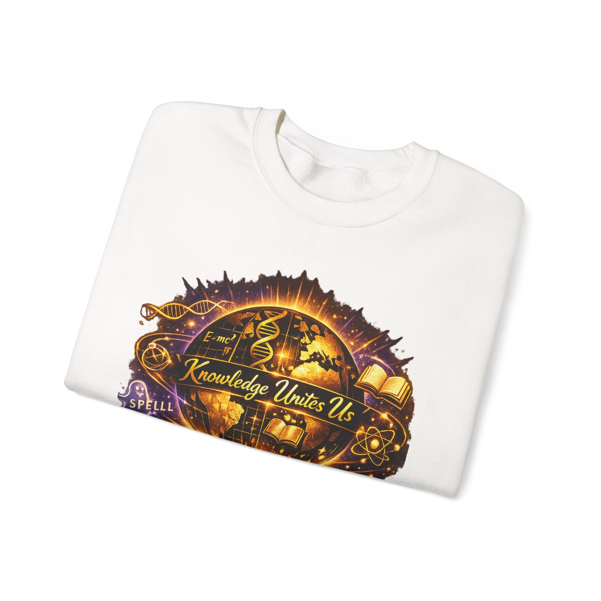 Crewneck Sweatshirt — 'Knowledge Unites Us' Cosmic Book & Community Graphic