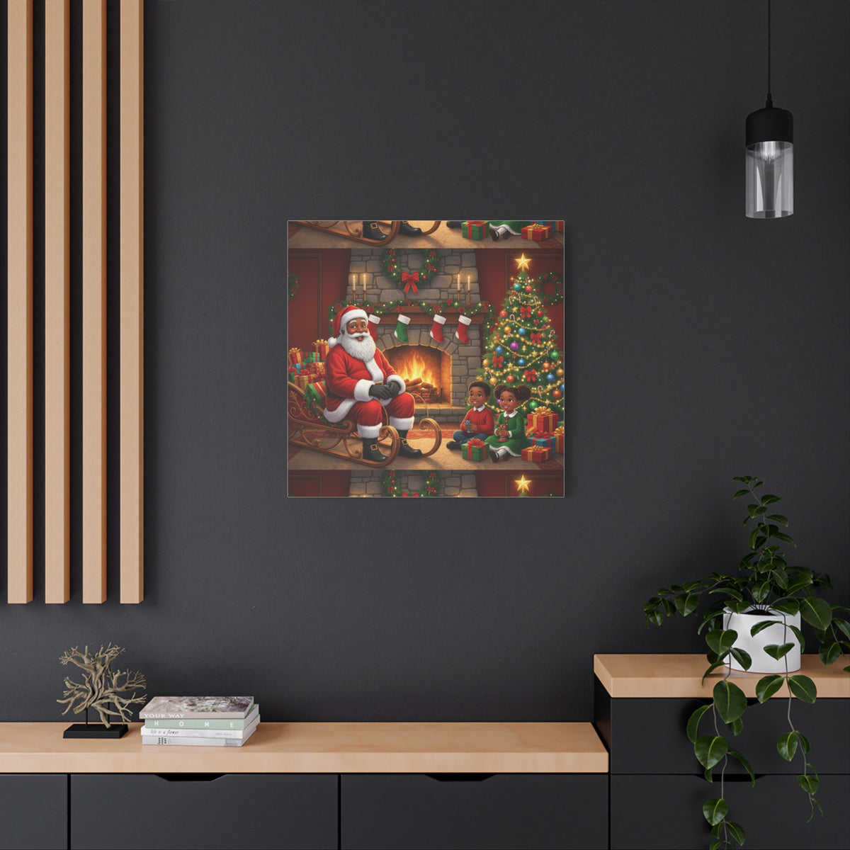 Christmas Santa Visit Canvas — Kids by the Fireplace Holiday Wall Art