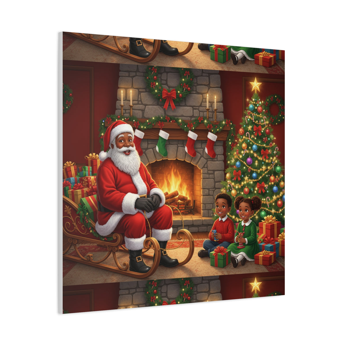 Christmas Santa Visit Canvas — Kids by the Fireplace Holiday Wall Art