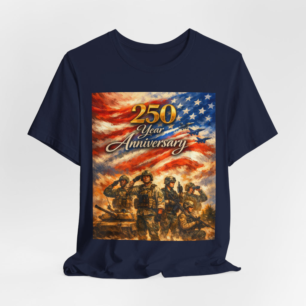 250 Year Anniversary Patriotic T-Shirt — American Flag & Soldiers Tribute