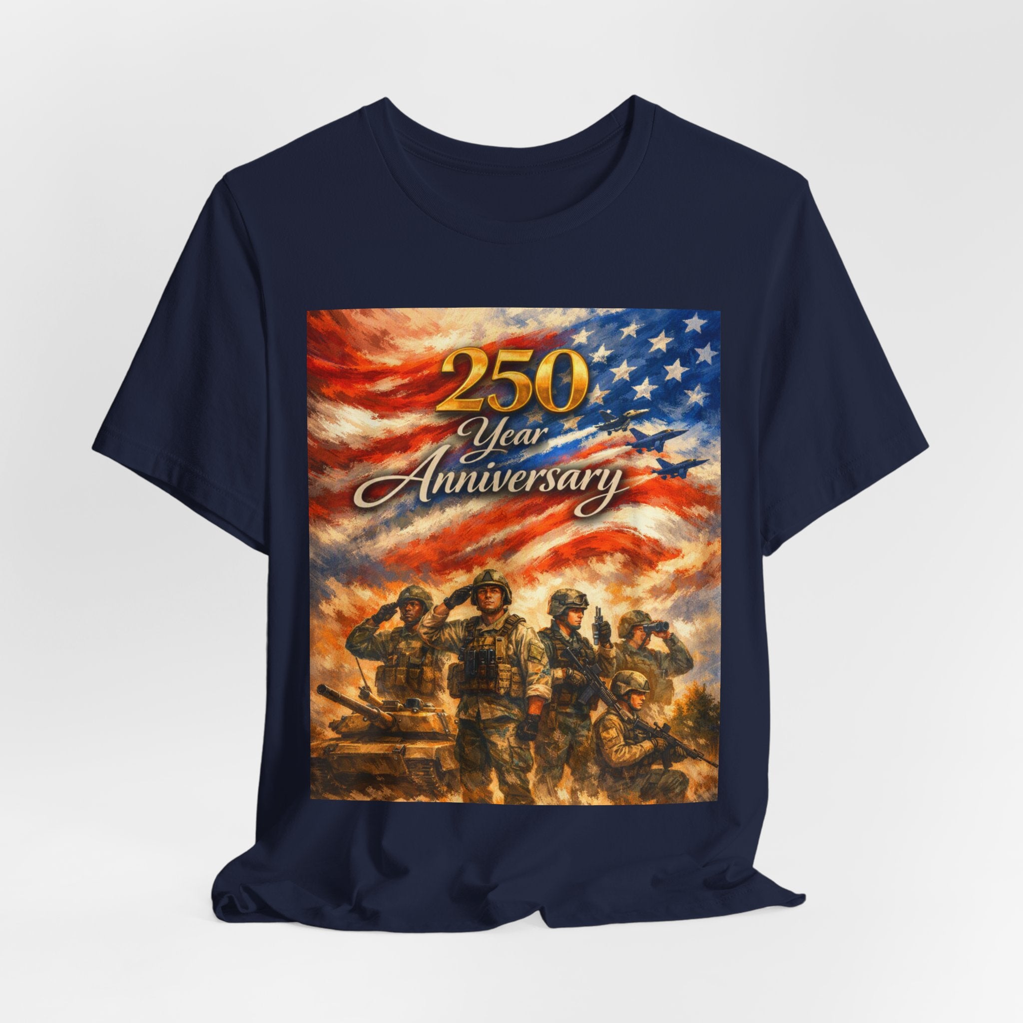 250 Year Anniversary Patriotic T-Shirt — American Flag & Soldiers Tribute