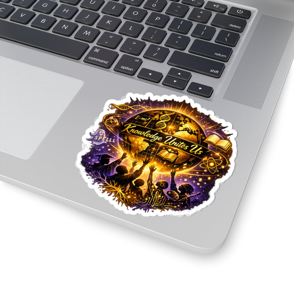 Knowledge Unites Us Sticker — Educational Globe Science & Magic Kiss-Cut Decal