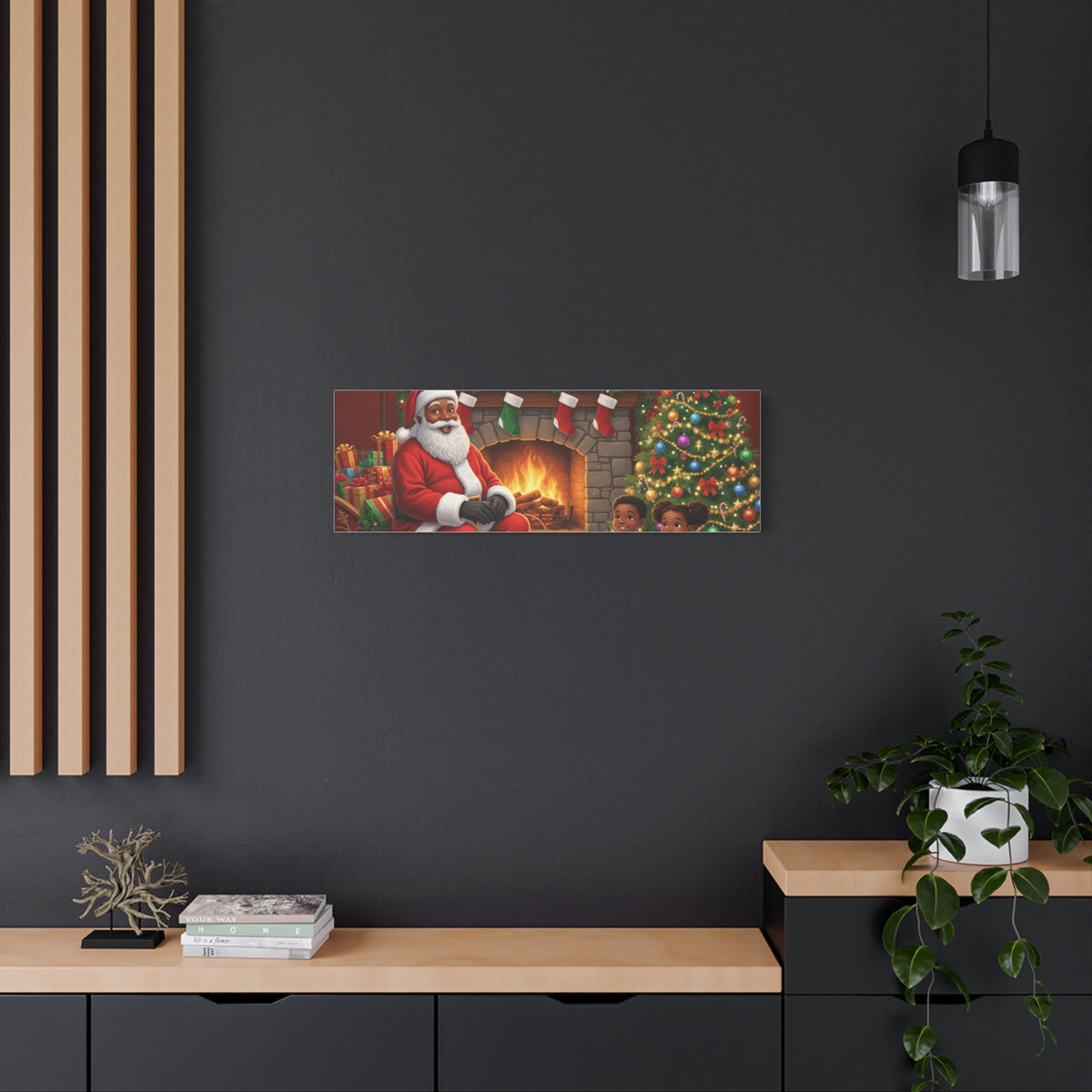 Christmas Santa Visit Canvas — Kids by the Fireplace Holiday Wall Art