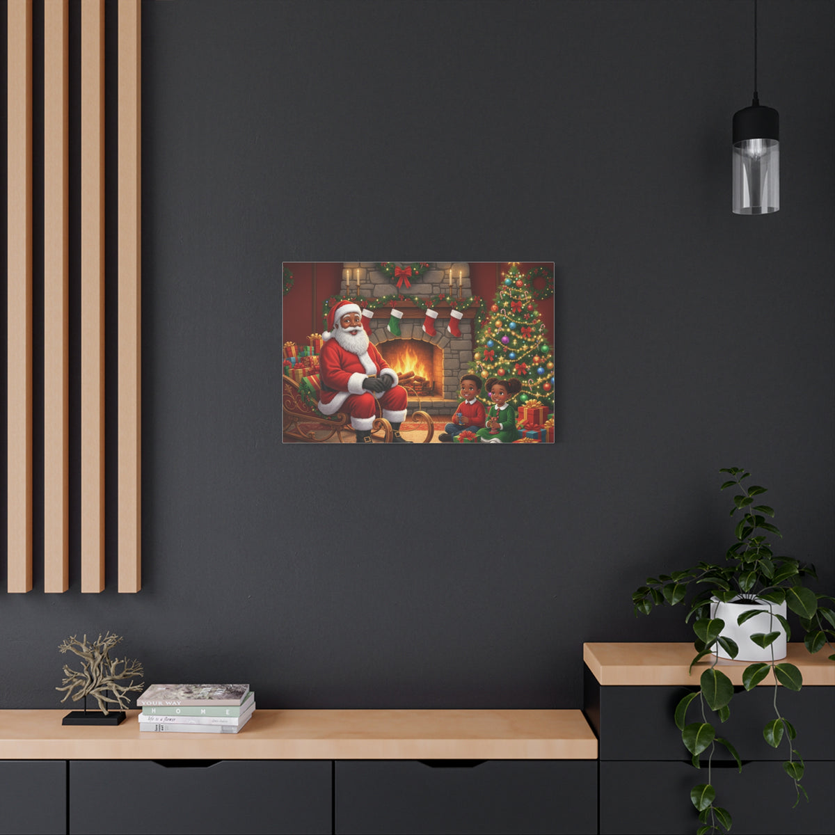 Christmas Santa Visit Canvas — Kids by the Fireplace Holiday Wall Art