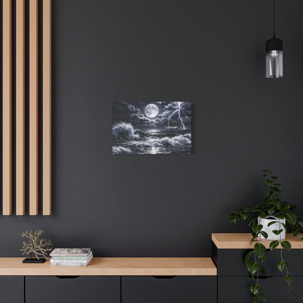 Stormy Moonlit Ocean Canvas Print — Dramatic Lighthouse Wall Art