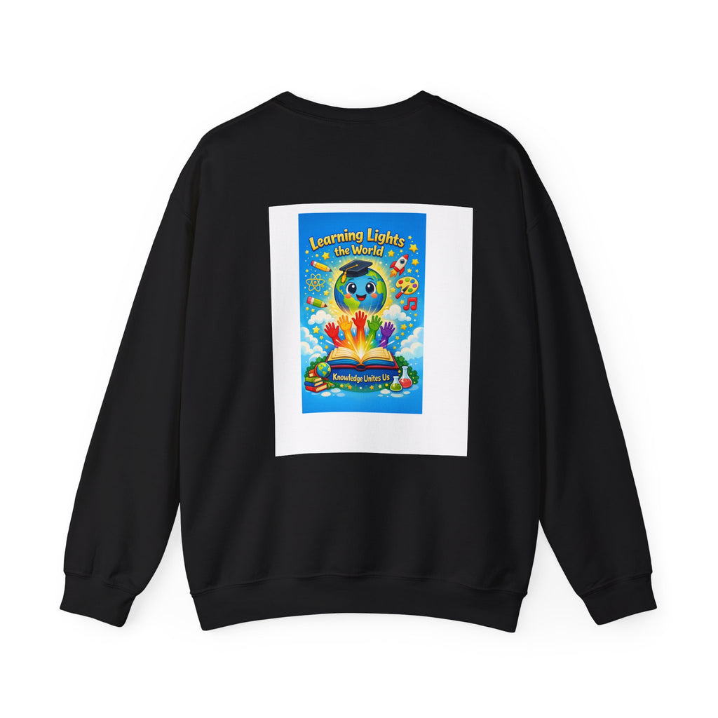 Crewneck Sweatshirt — "Learning Lights the World" Cute Graduation Earth Character Kids Educator Gift