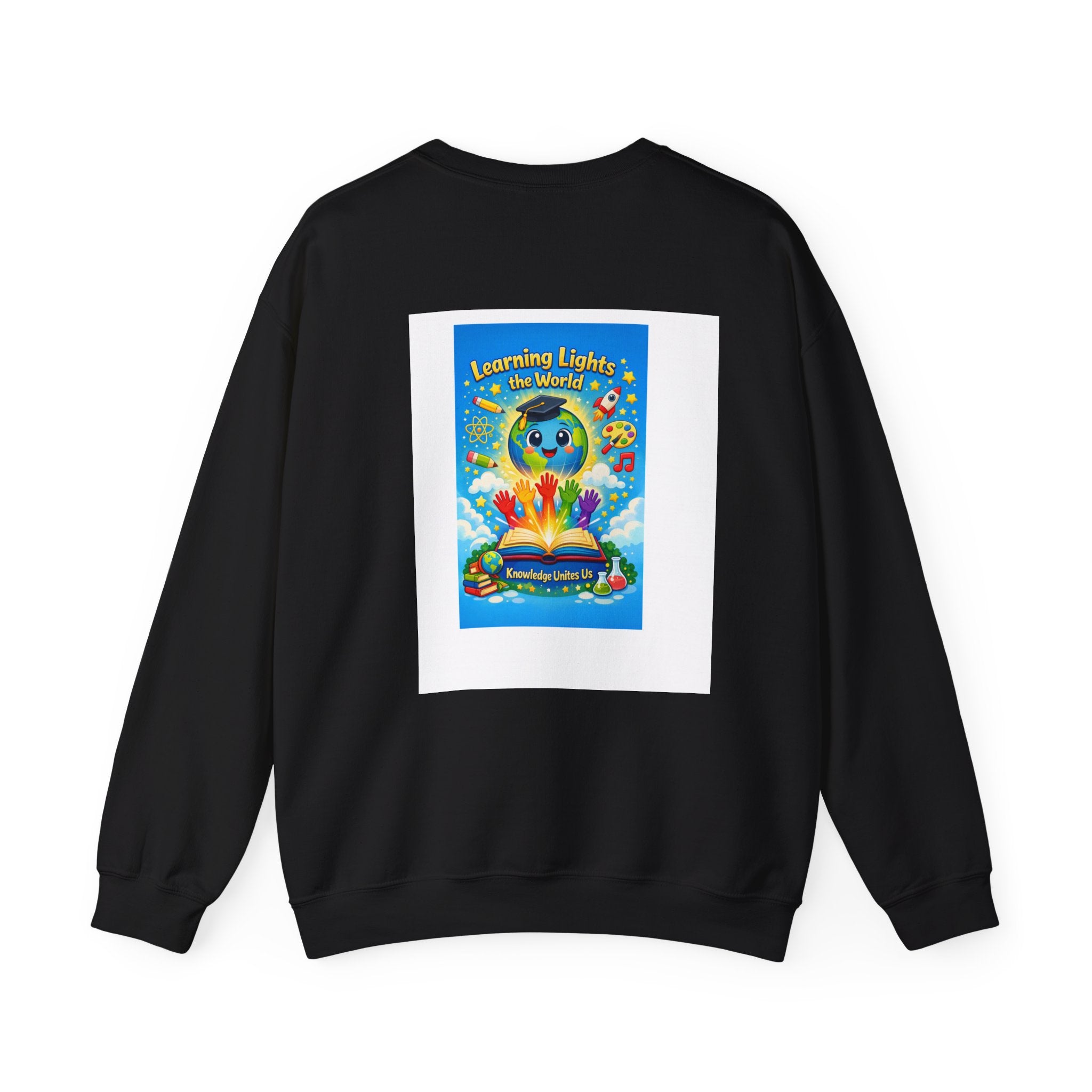 Crewneck Sweatshirt — "Learning Lights the World" Cute Graduation Earth Character Kids Educator Gift