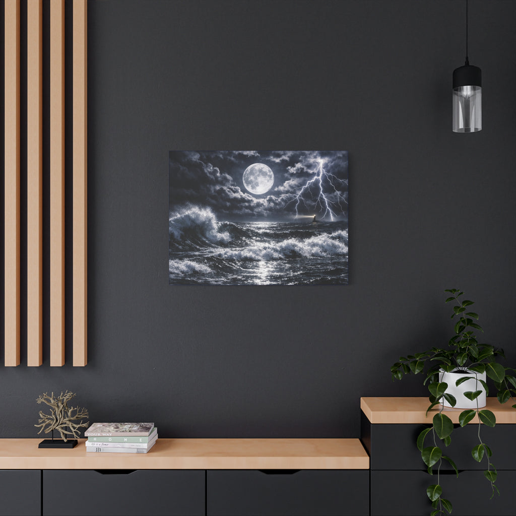 Stormy Moonlit Ocean Canvas Print — Dramatic Lighthouse Wall Art