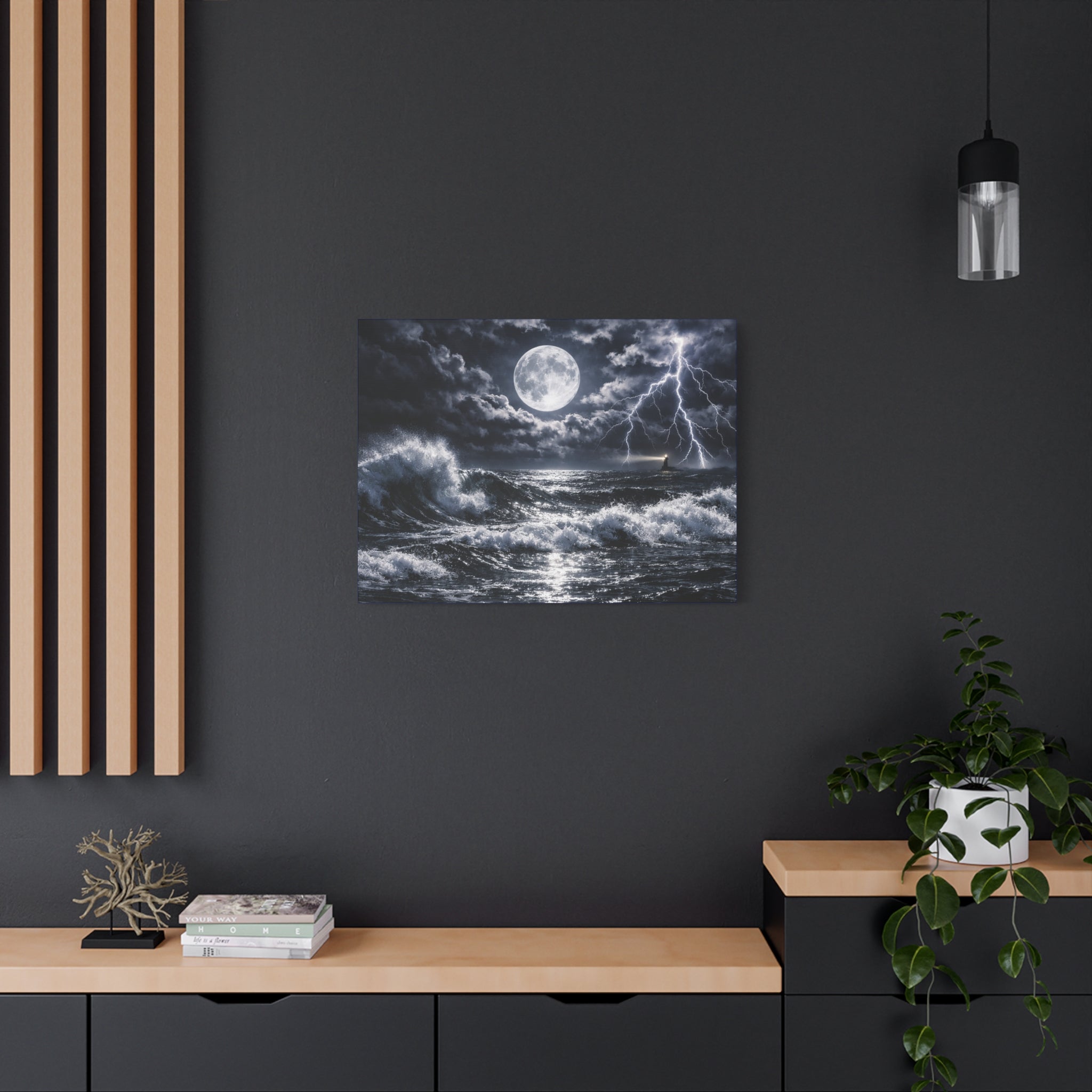 Stormy Moonlit Ocean Canvas Print — Dramatic Lighthouse Wall Art