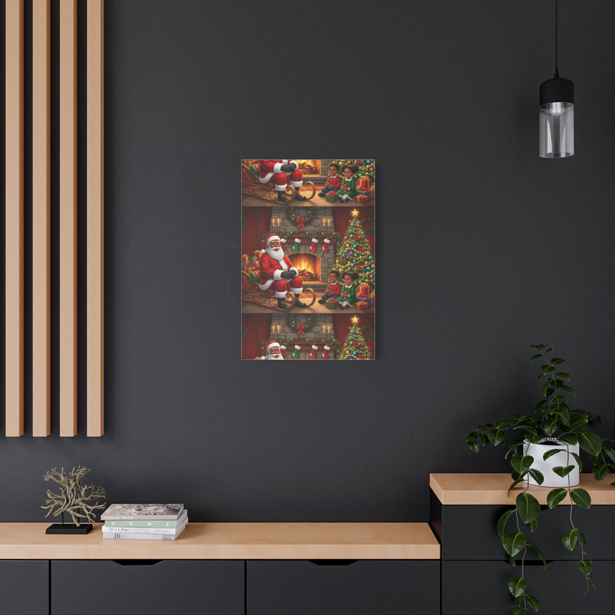 Christmas Santa Visit Canvas — Kids by the Fireplace Holiday Wall Art