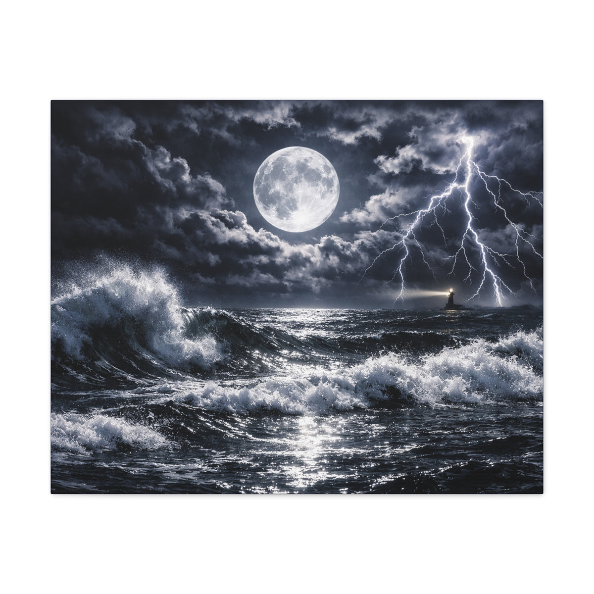 Stormy Moonlit Ocean Canvas Print — Dramatic Lighthouse Wall Art