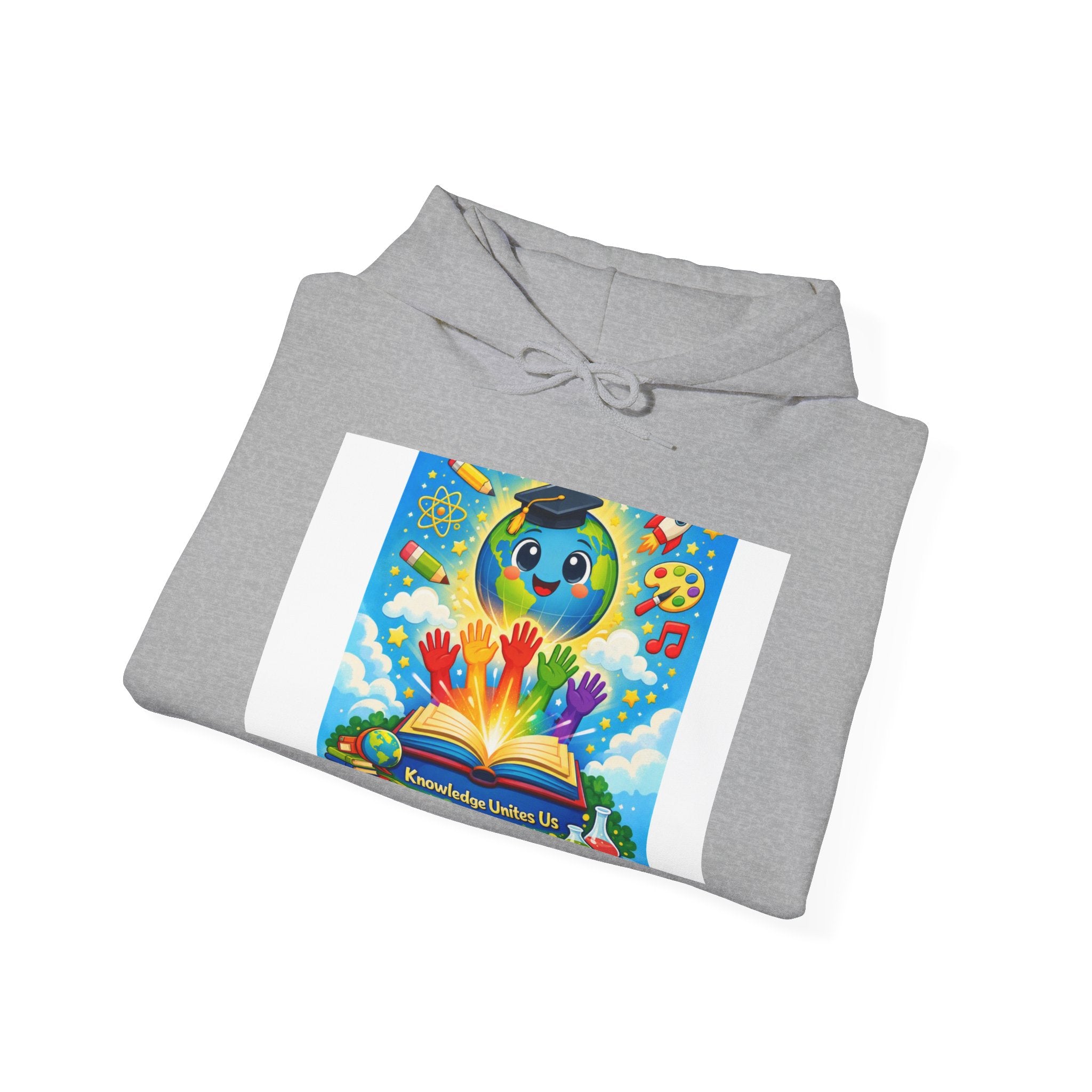 Hoodie — Colorful Earth & Peace Cartoon Graphic "Knowledge Before Power"