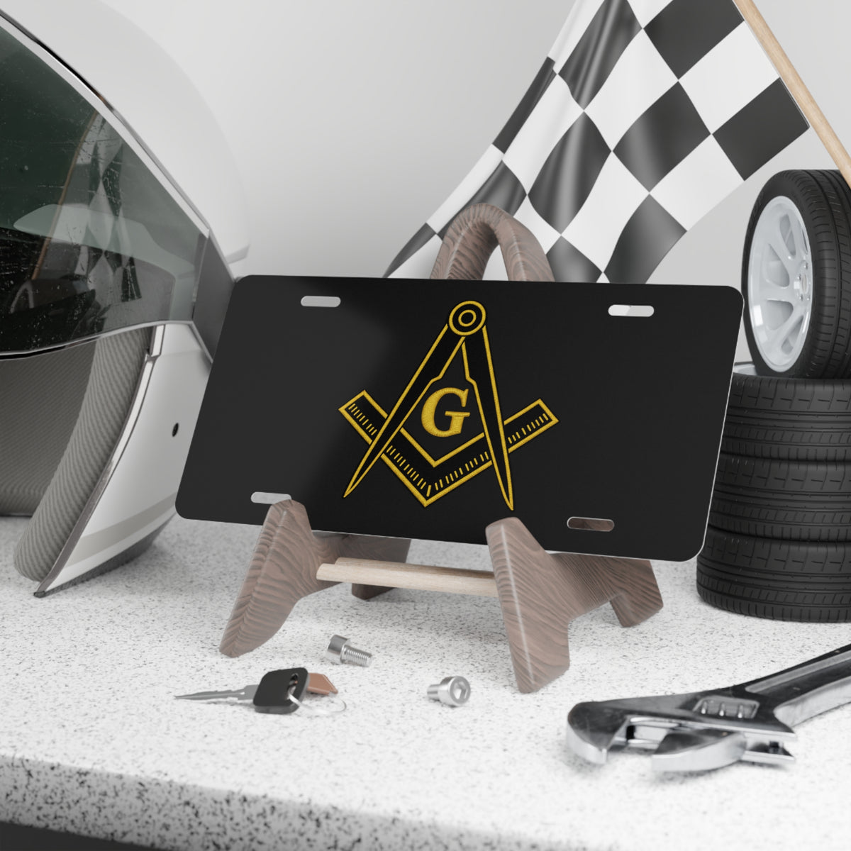 Masonic Square & Compass Vanity License Plate — Gold Emblem on Black