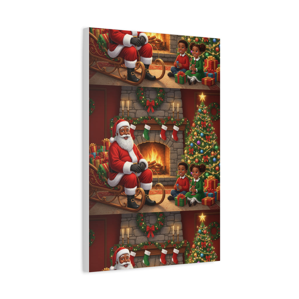 Christmas Santa Visit Canvas — Kids by the Fireplace Holiday Wall Art