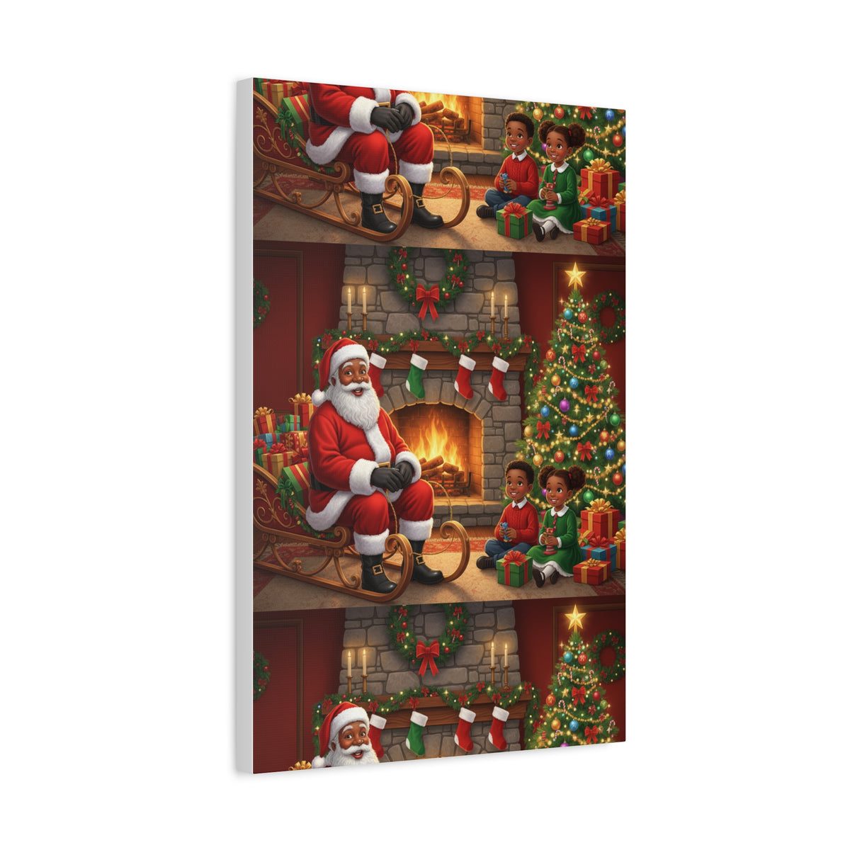 Christmas Santa Visit Canvas — Kids by the Fireplace Holiday Wall Art
