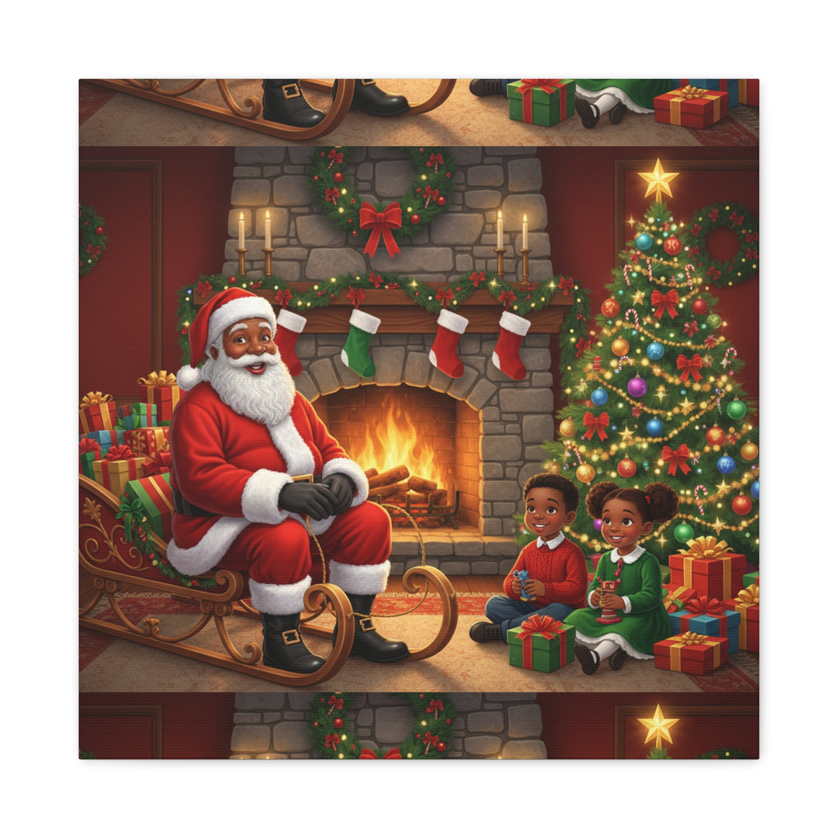 Christmas Santa Visit Canvas — Kids by the Fireplace Holiday Wall Art