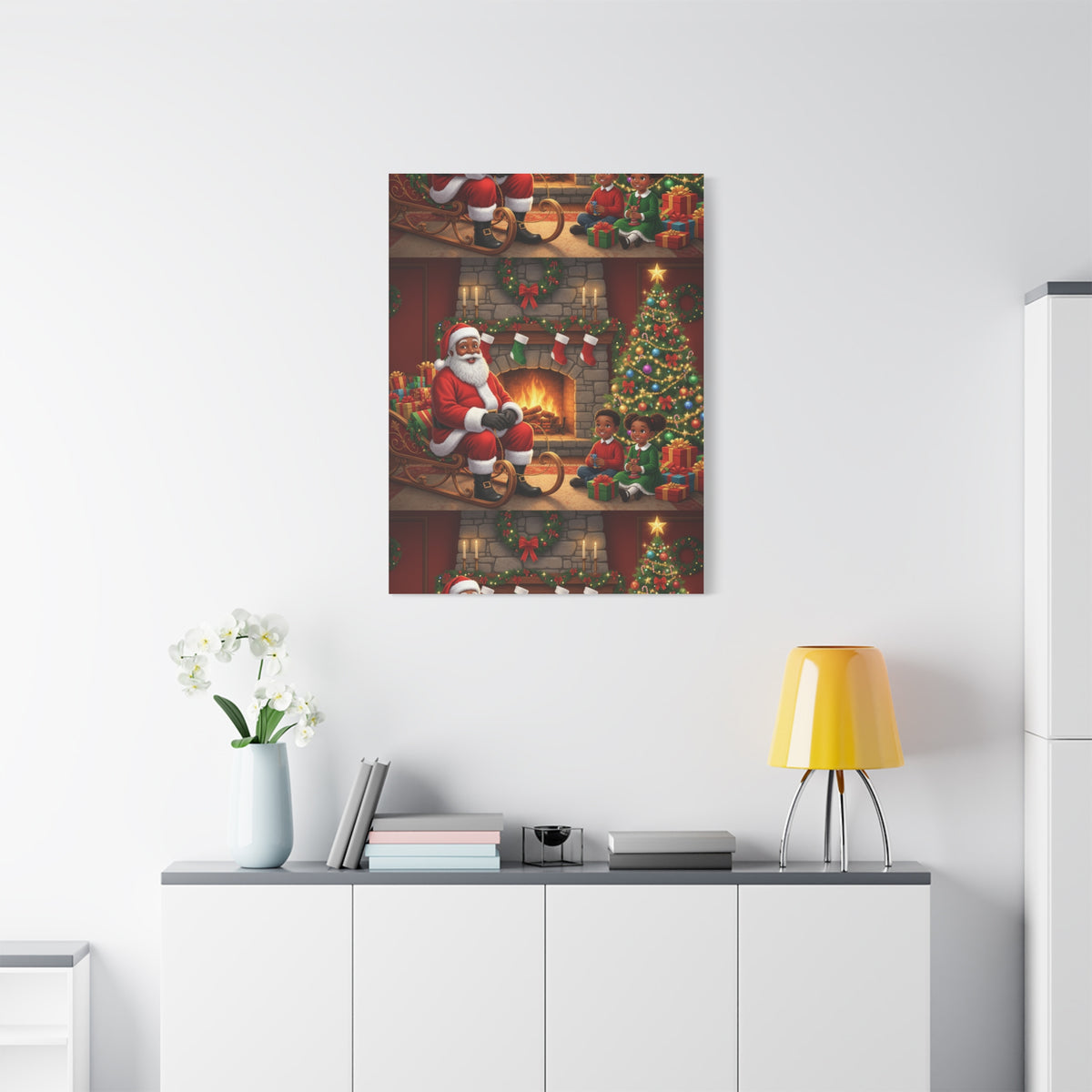 Christmas Santa Visit Canvas — Kids by the Fireplace Holiday Wall Art