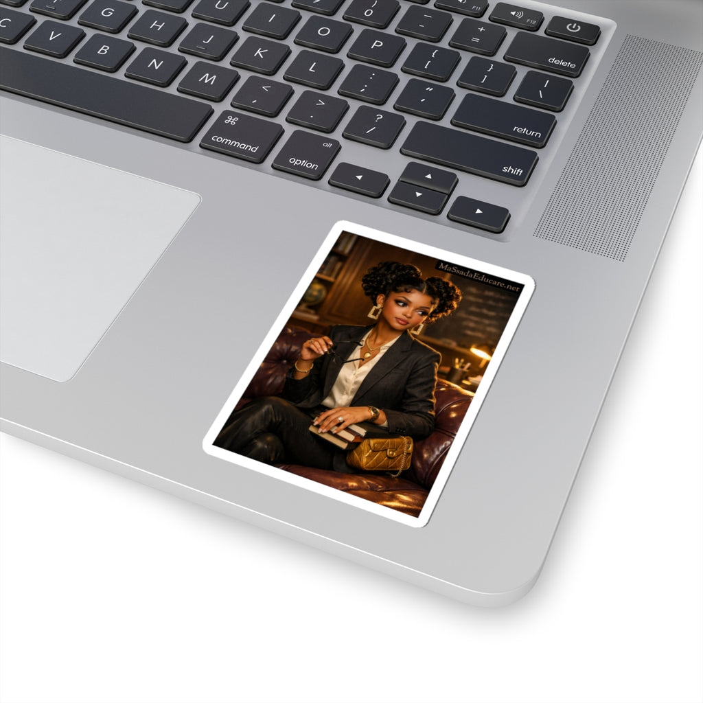 Kiss-Cut Sticker — Elegant Black Woman Scholar Portrait (Vintage Library Vibe)