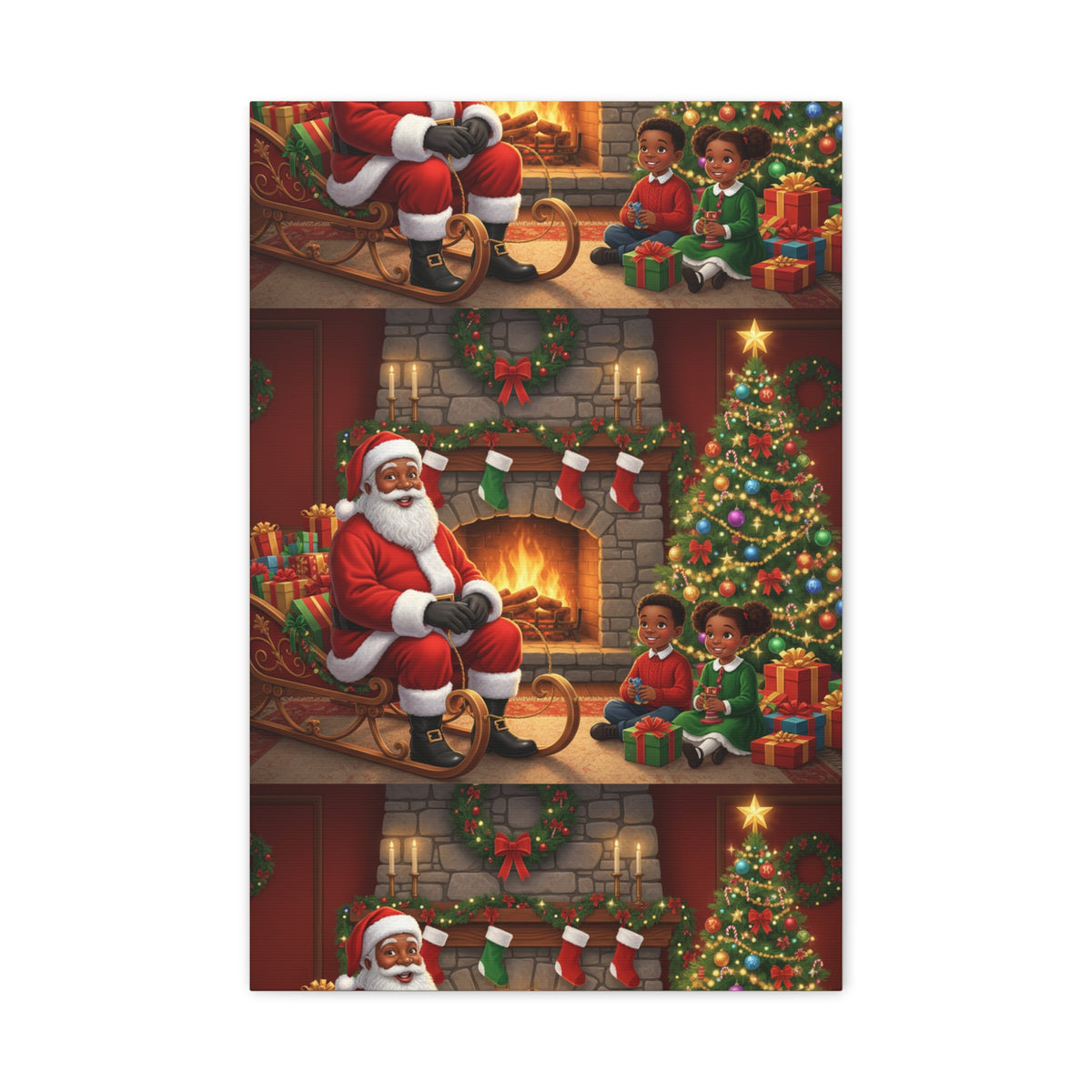 Christmas Santa Visit Canvas — Kids by the Fireplace Holiday Wall Art