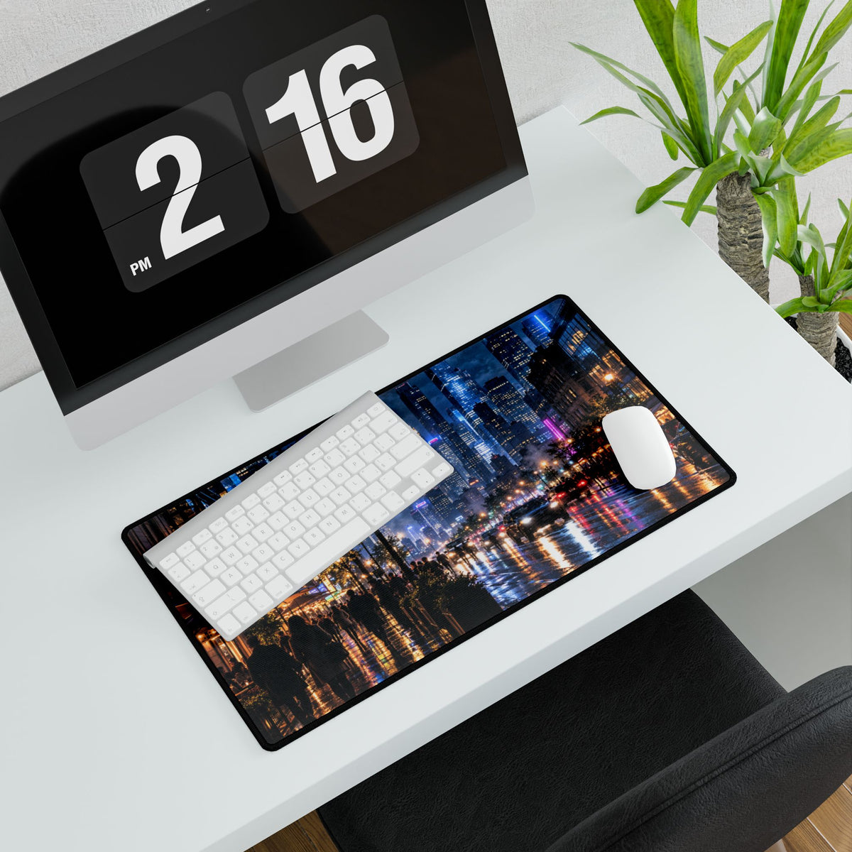 City Nightscape Desk Mat — Rainy Neon Skyline Large Mousepad